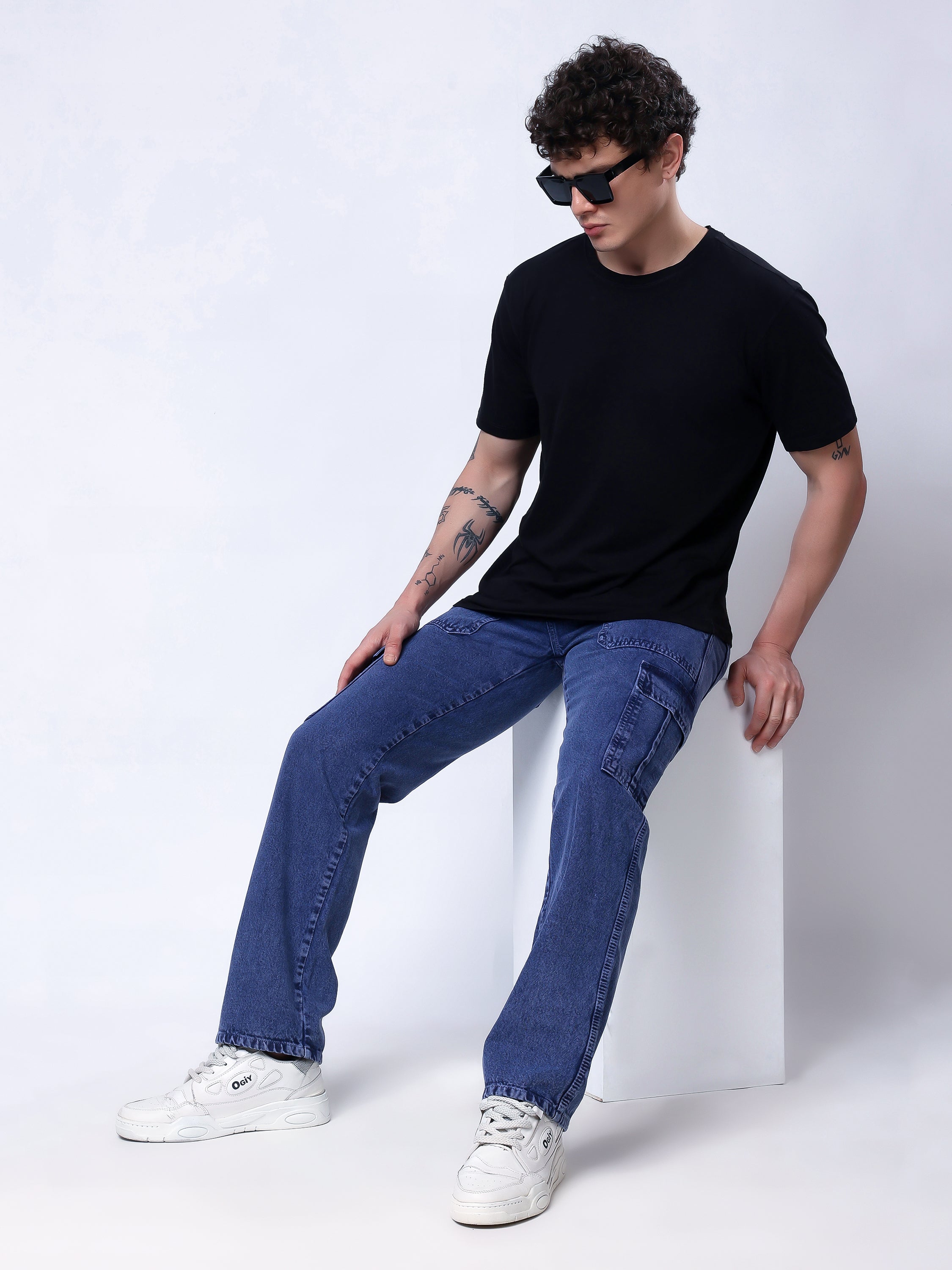 Stylox Men’s Comfort Fit Non-Stretch Cargo Jeans with Multi Pockets-Mid Light Blue