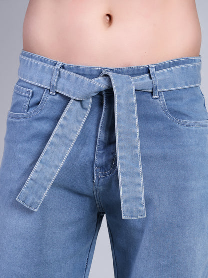 Stylox Men’s Baggy Fit Non-Stretch Rigid Denim Wide Leg Jeans with Tie Belt-Light Blue - Stylox