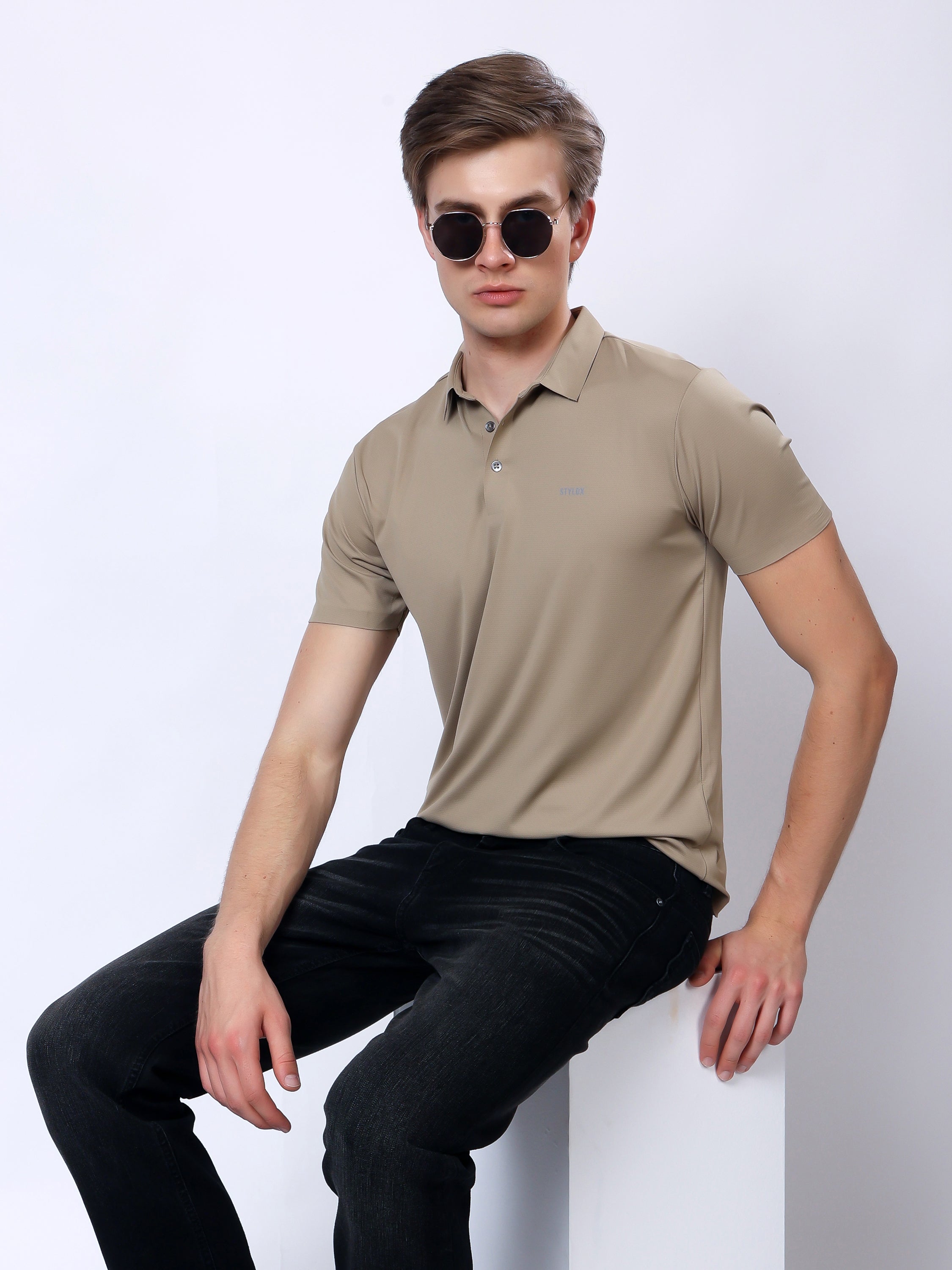 Stylox Men’s Premium Regular Fit Stretchable Polo T-Shirt–Beige - Stylox