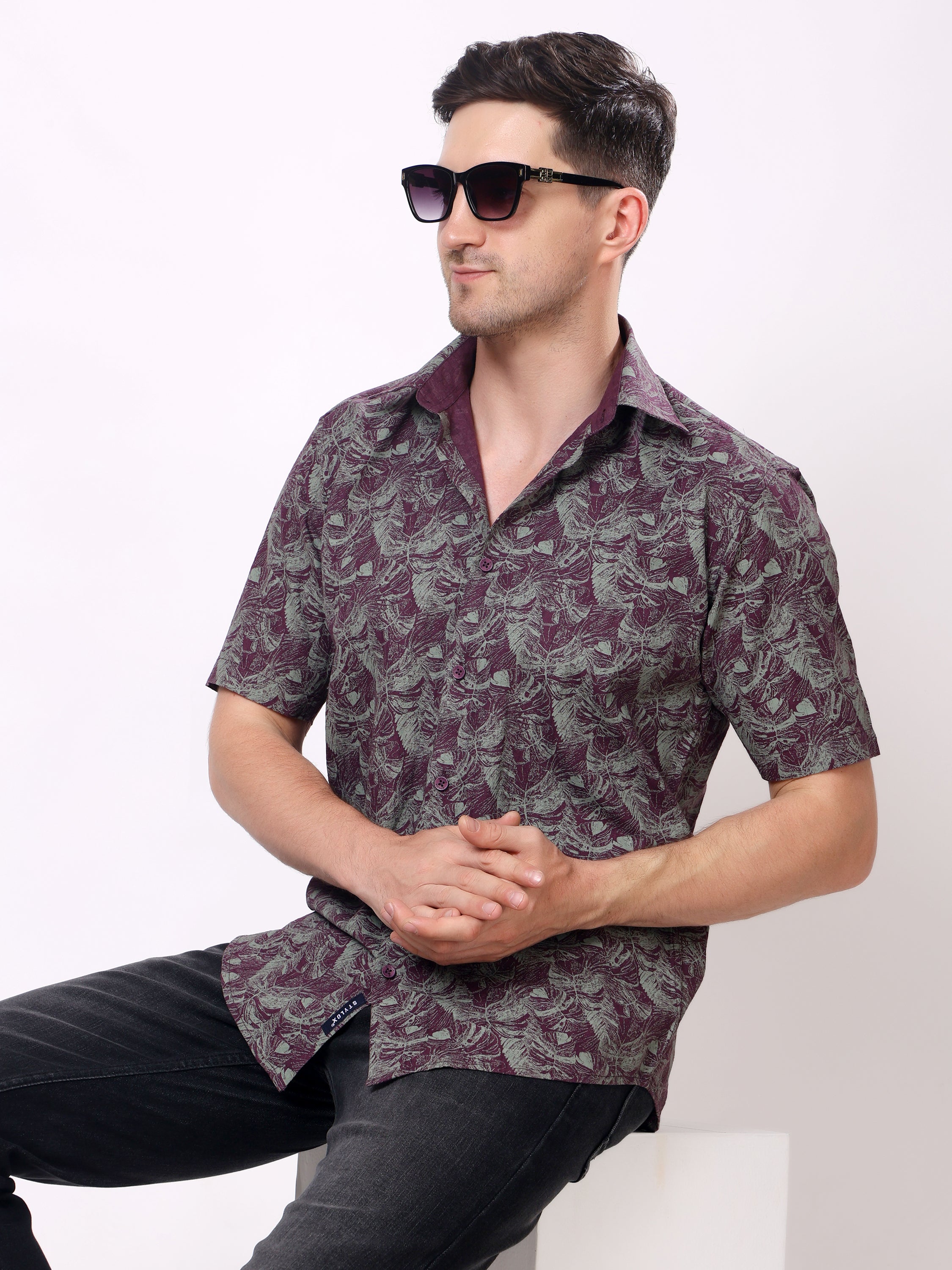 Stylox Men’s Regular Fit Half Sleeve Tropical Leaf Printed Casual Summer Shirt - Stylox