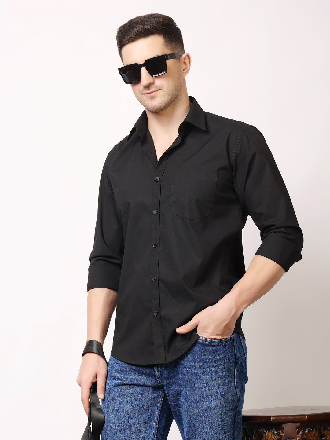 Stylox Men's Full Sleeve Solid Black Casual Shirt – Premium Cotton Blend Regular Fit Shirt for Everyday Comfort & Style