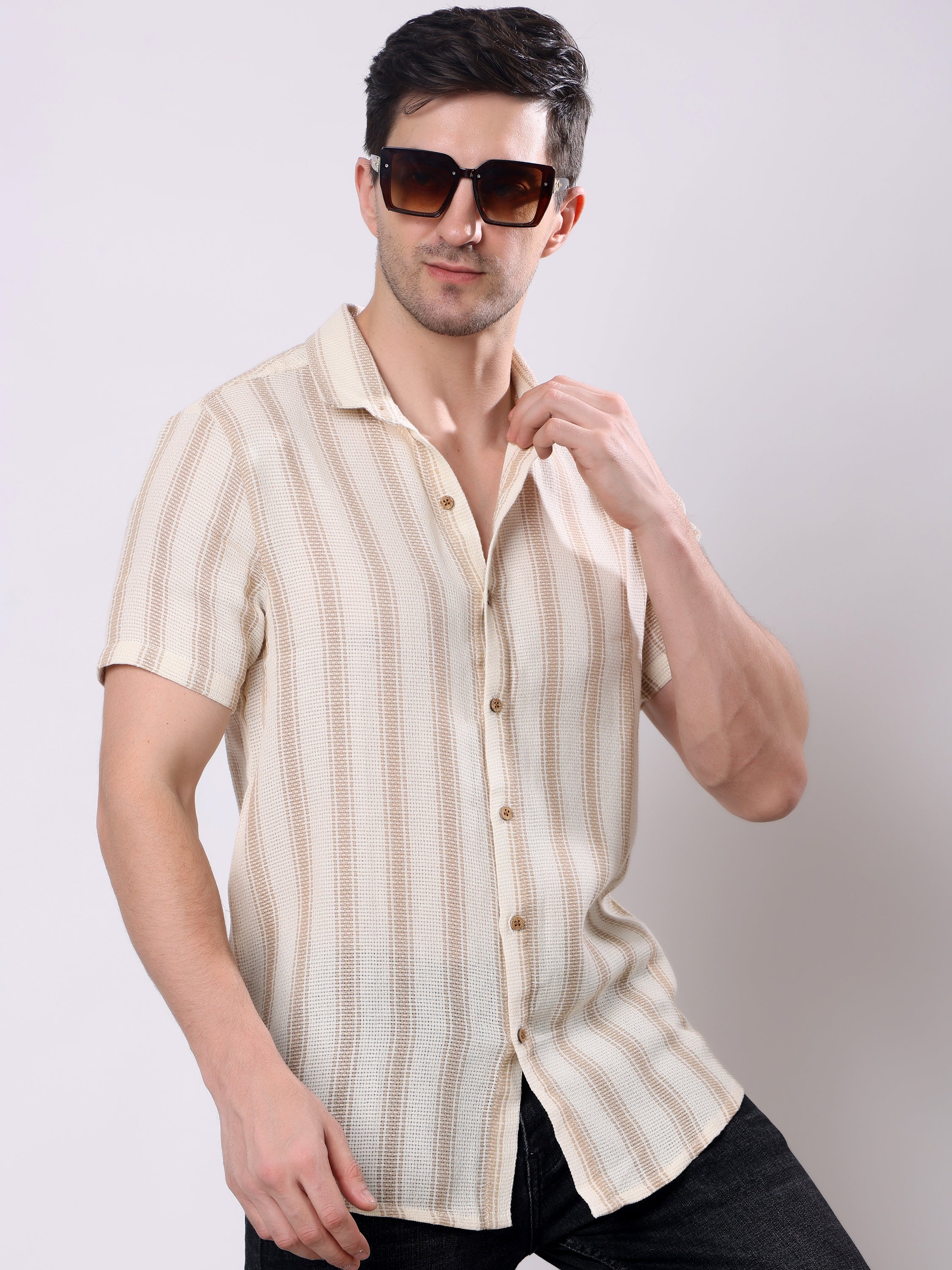 Stylox Men’s Regular Fit Half Sleeve Striped Casual Shirt-Brown - Stylox