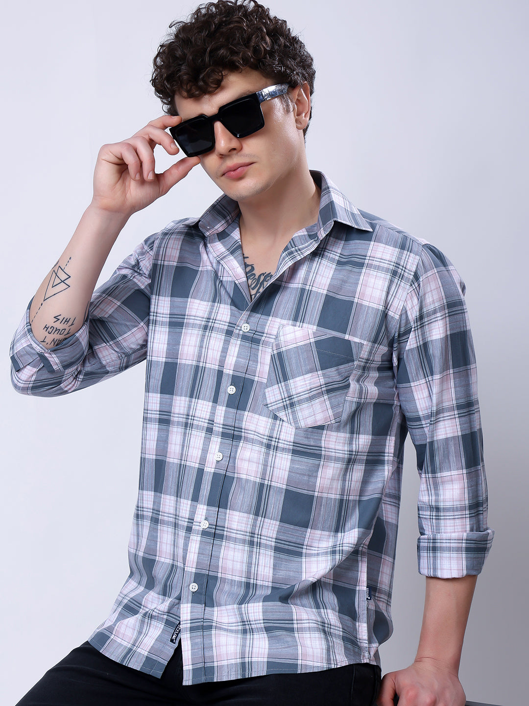 Stylox Men’s Regular Fit Full Sleeve Casual Check Shirt–Grey & Coral - Stylox