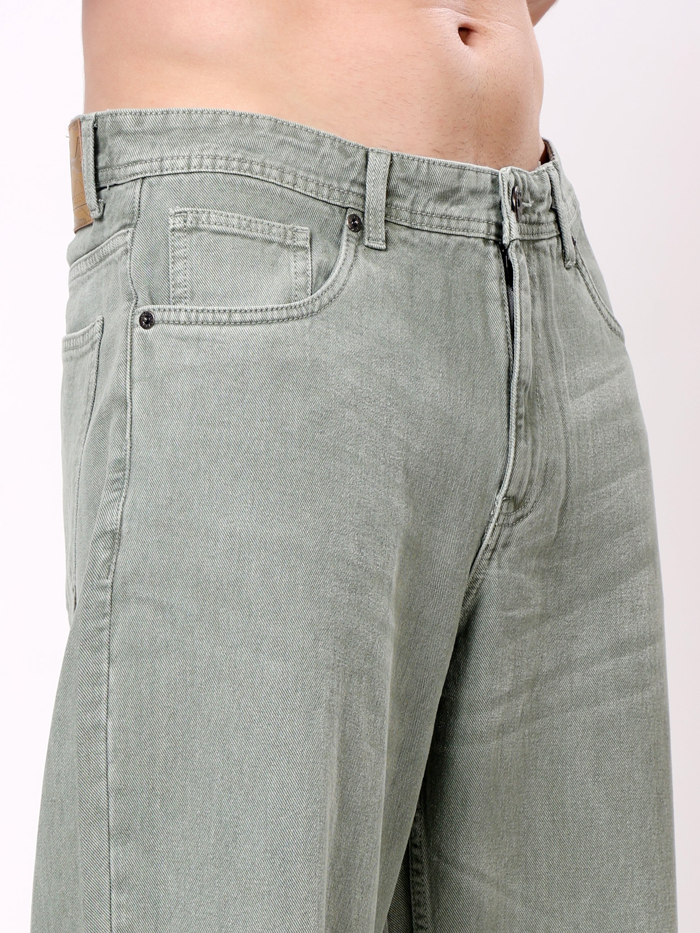 Stylox Men's Light Olive Super Baggy Fit Non-Stretchable Denim Jeans