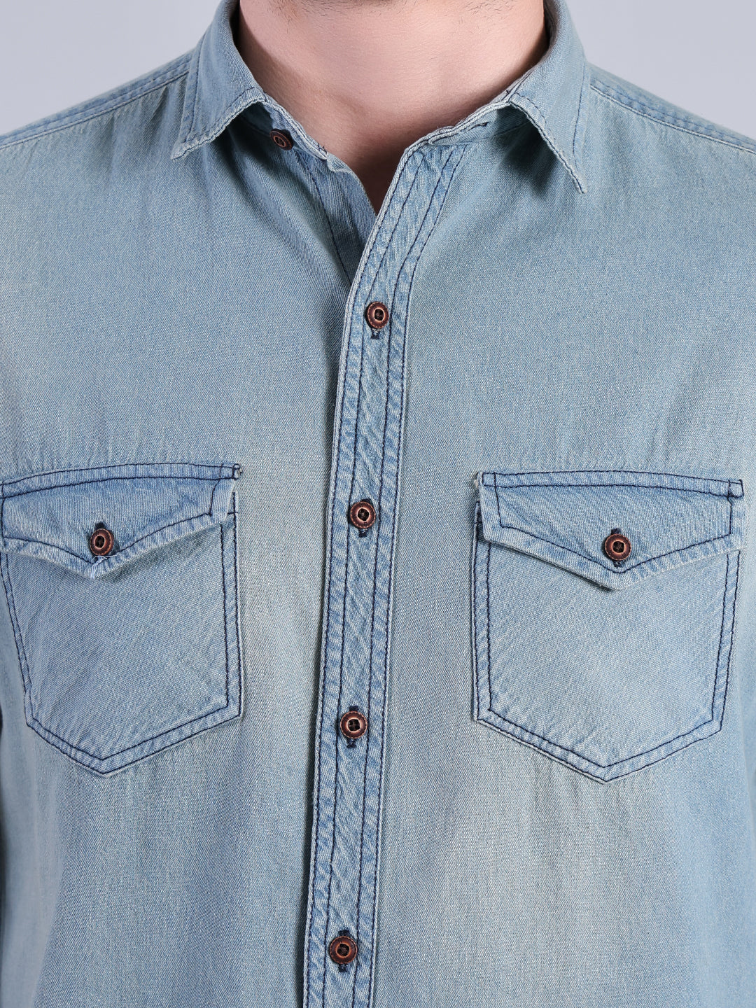 Stylox Men’s Light Wash Denim Shirt with Dual Chest Pockets - Stylox
