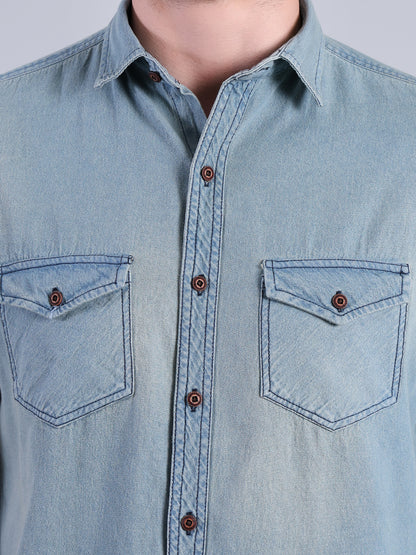 Stylox Men’s Light Wash Denim Shirt with Dual Chest Pockets
