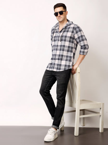 Stylox Men’s Regular Fit Hooded Check Shirt | Full Sleeve Cotton Blend Casual Checkered Shirt
