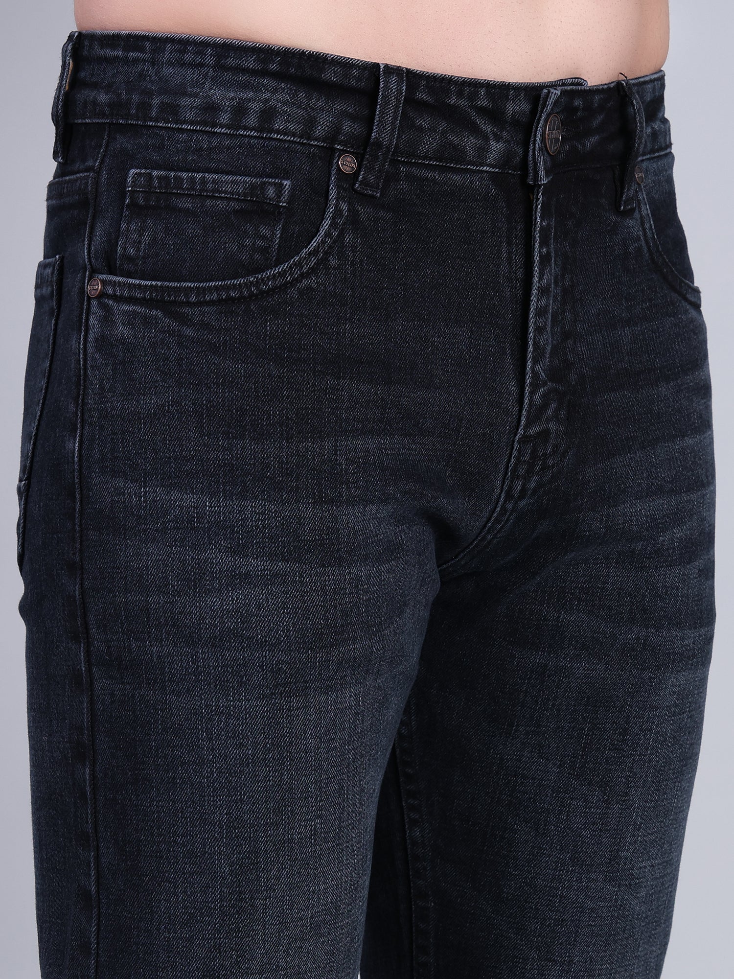 Stylox Men’s Mid-Rise Straight Fit Classic Washed Denim Jeans-Mid Grey - Stylox