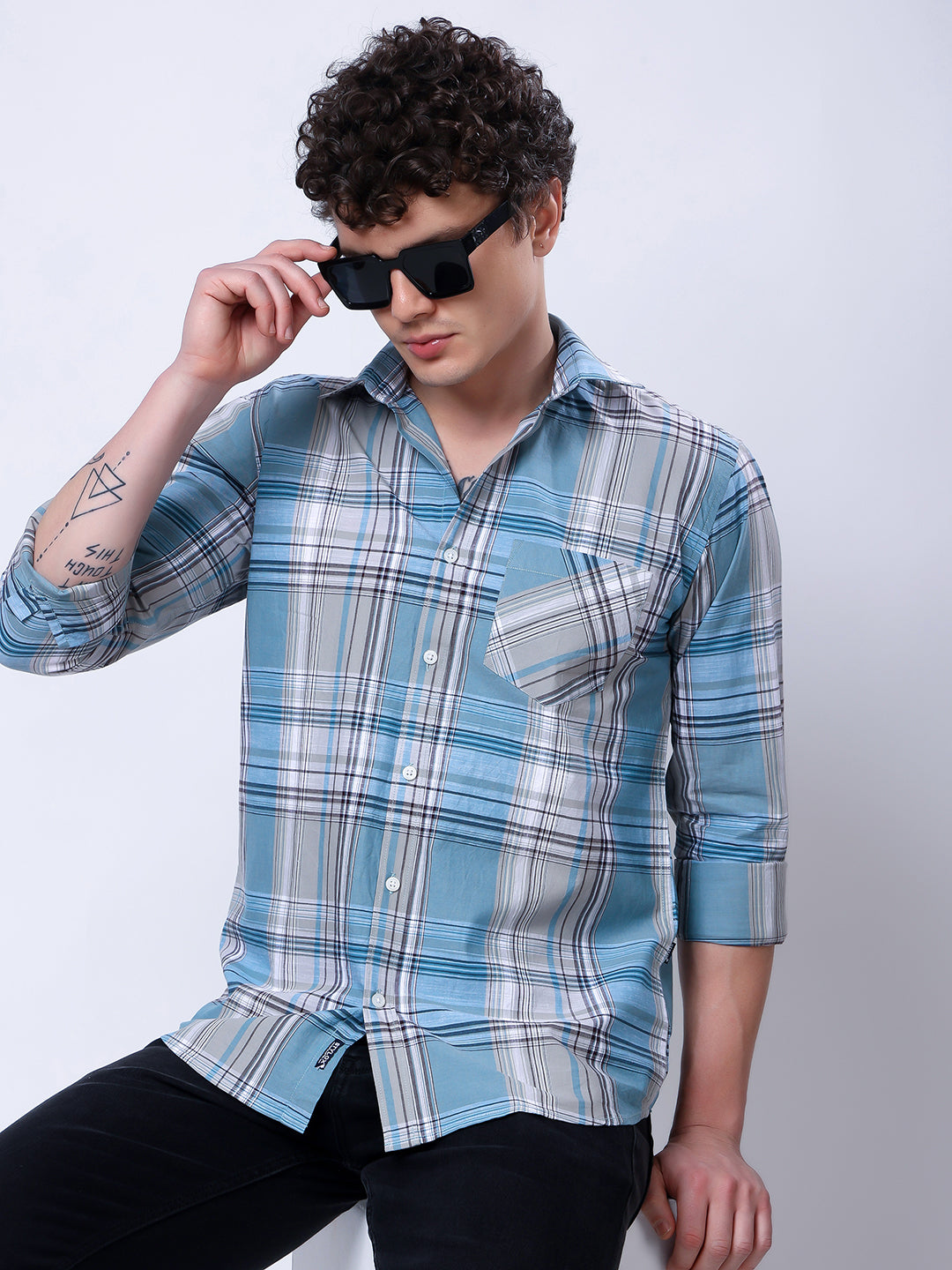 Stylox Men’s Regular Fit Full Sleeve Casual Check Shirt–Grey &amp; Sky Blue - Stylox
