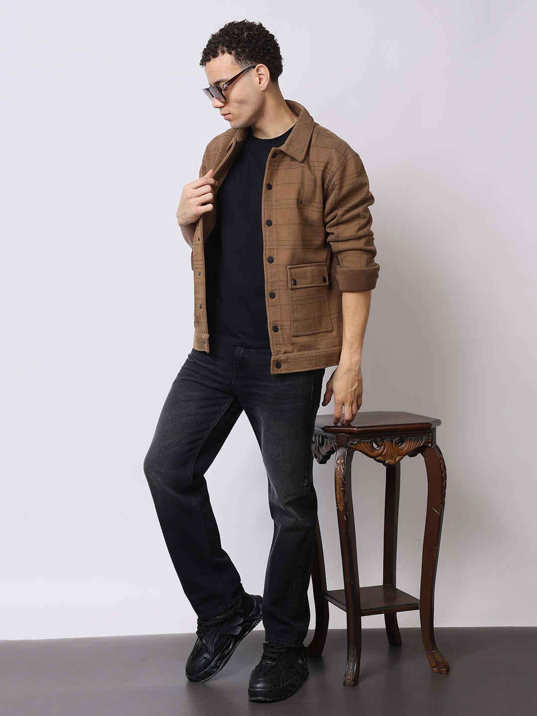 Stylox Men’s Checkered Winter Shacket – Warm Button-Down Fleece Jacket with Utility Pockets