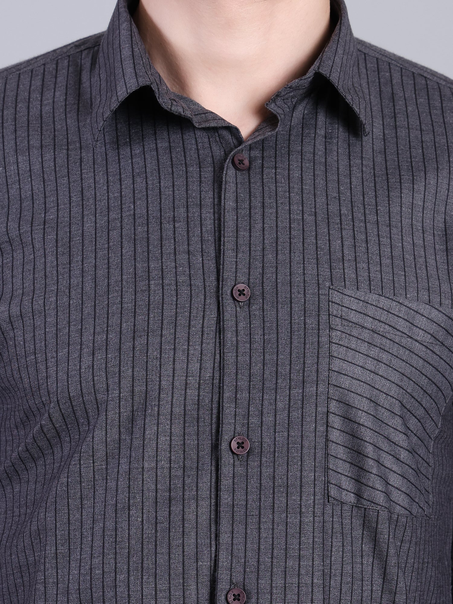 Stylox Men’s Regular Fit Vertical Striped Full Sleeve Casual Shirt-Charcoal - Stylox