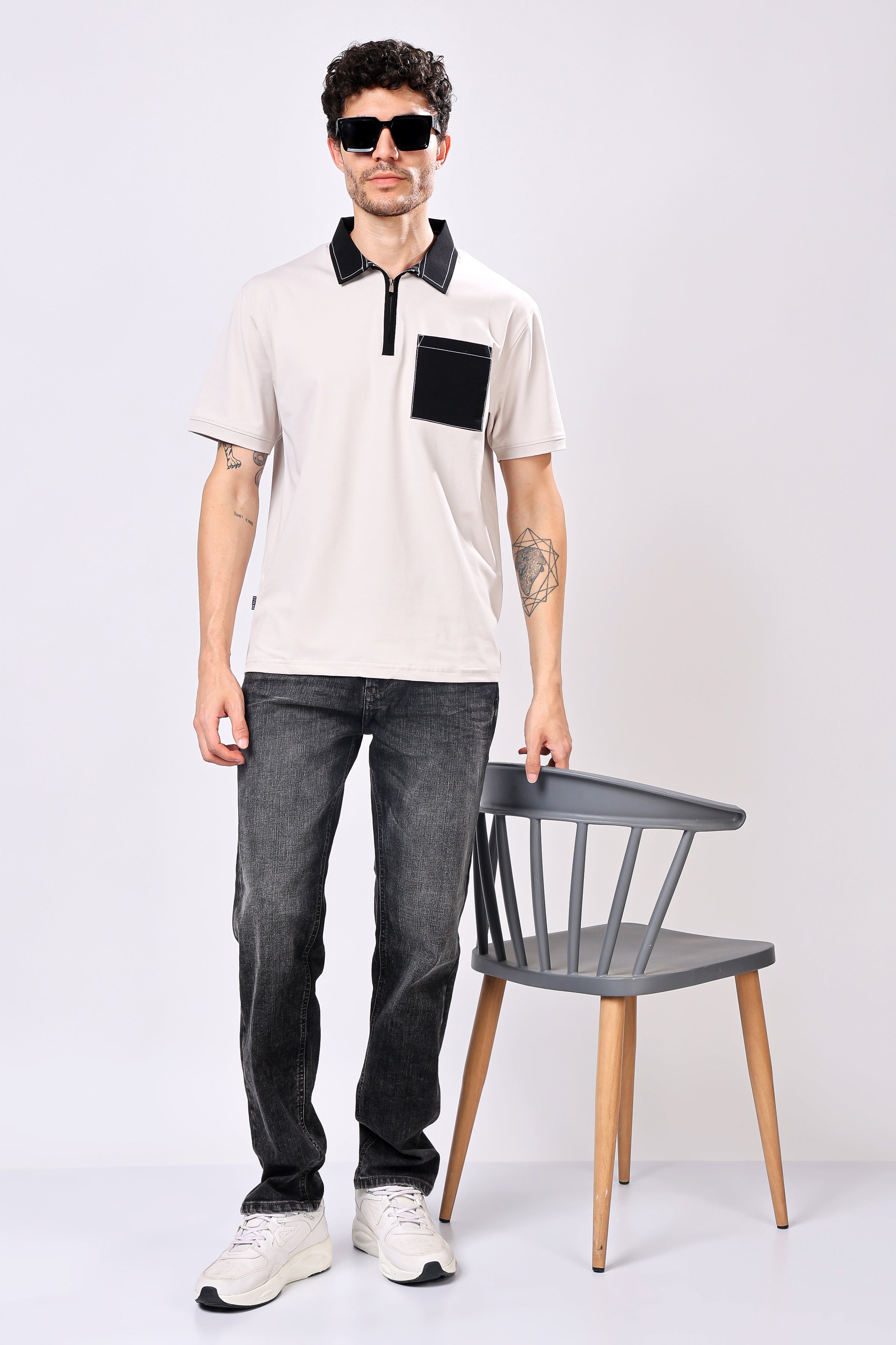 Stylox Men’s Regular Fit Contrast Collar Half Sleeve T-Shirt with Front Pocket &amp; Zip Neck | Casual Stylish Cotton Blend Tee