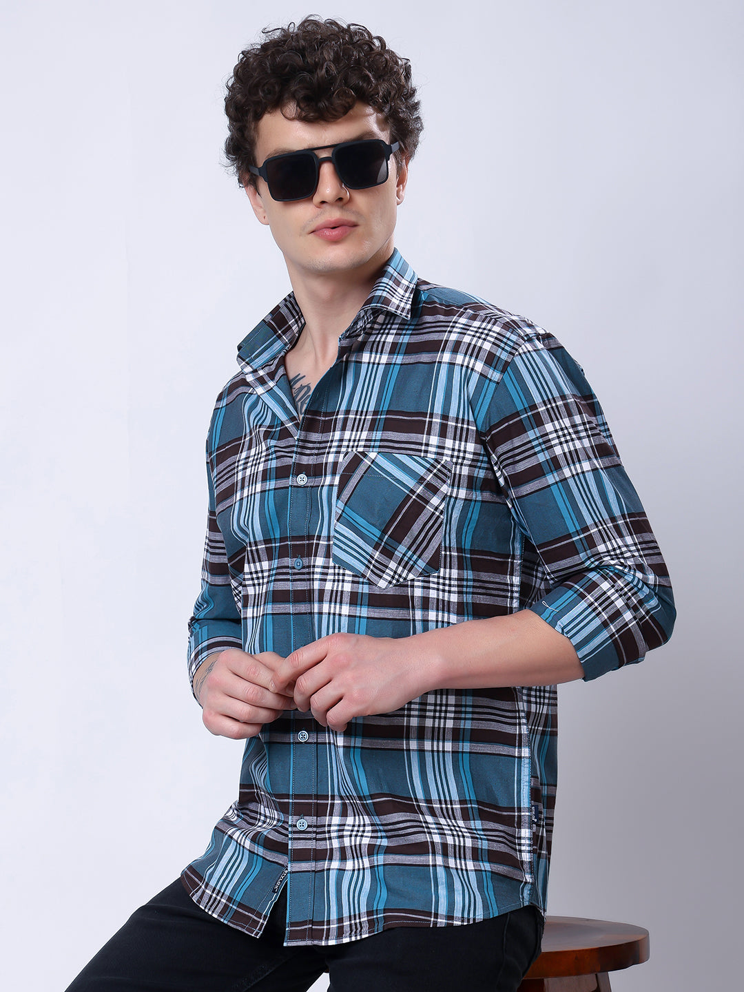 Stylox Men’s Regular Fit Full Sleeve Casual Check Shirt–Teal & Brown - Stylox