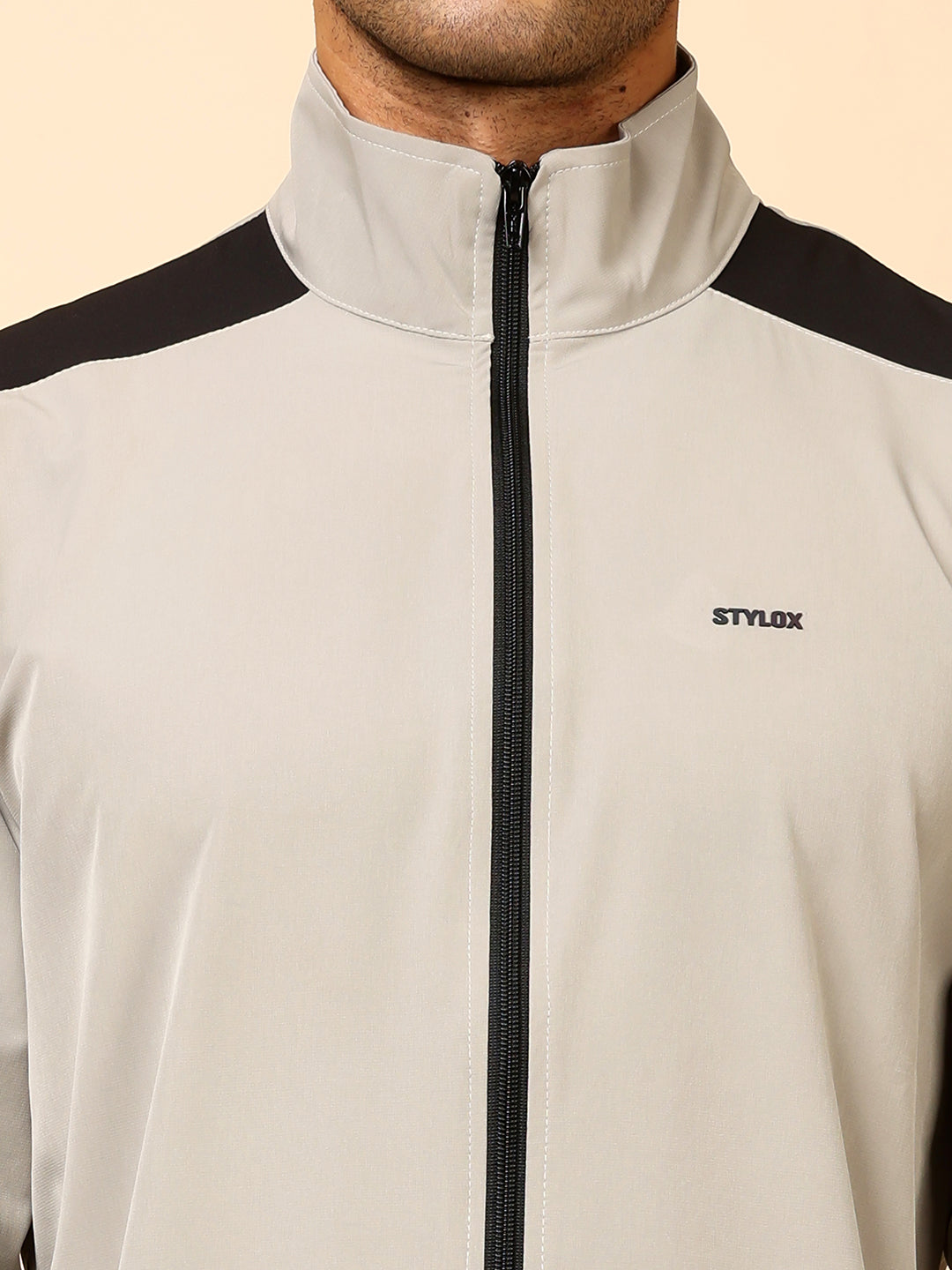 Stylox Men’s Solid Tracksuit | Full Zip High Neck Jacket & Jogger Pants Set (Light Grey) - Stylox