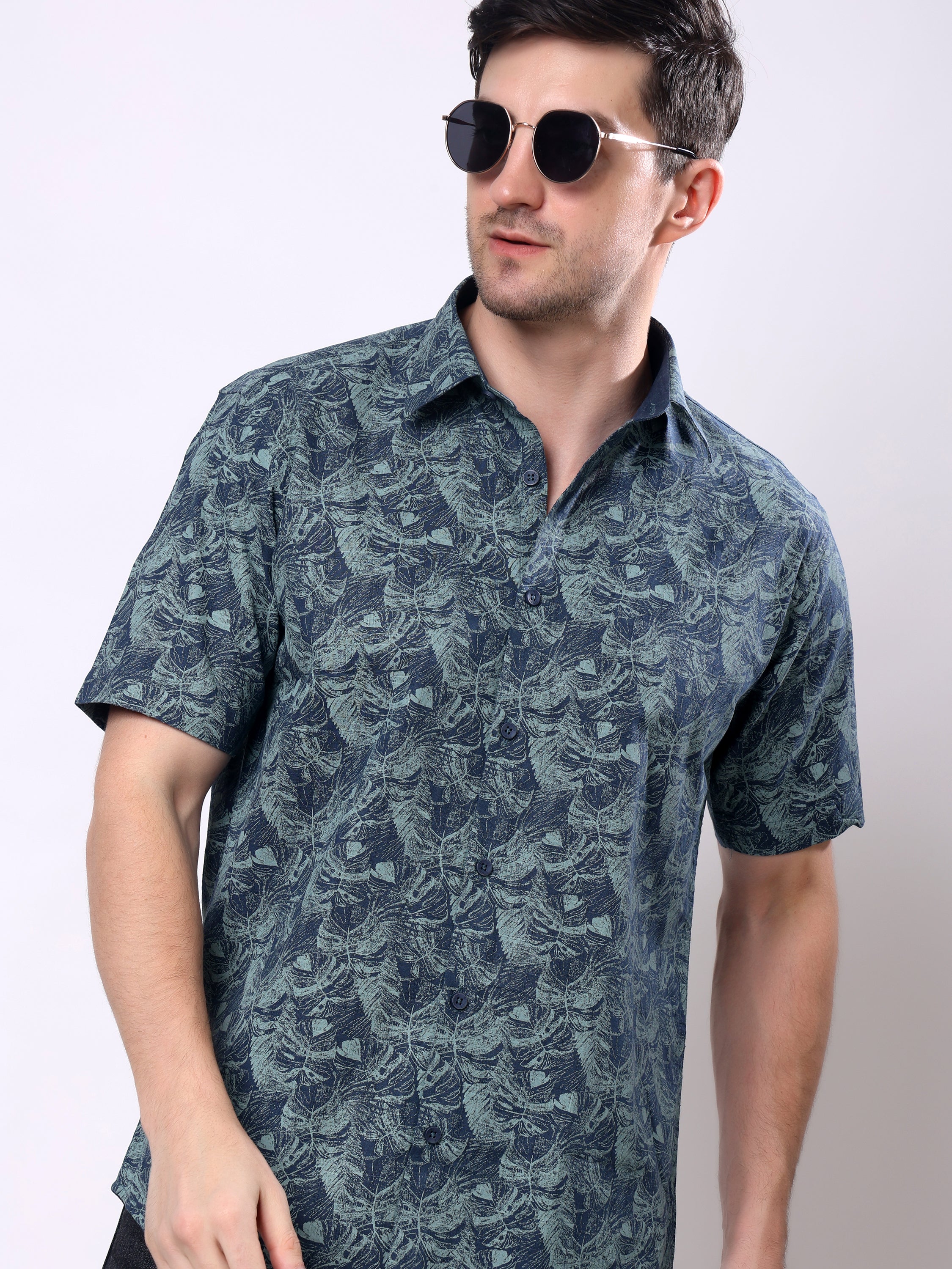 Stylox Men’s Regular Fit Half Sleeve Tropical Leaf Printed Casual Summer Shirt - Stylox