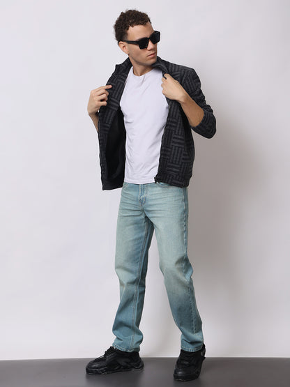 Stylox Men’s Black Textured Full-Zip Winter Jacket – Warm Fleece-Lined High Neck Sweatshirt for Casual Wear