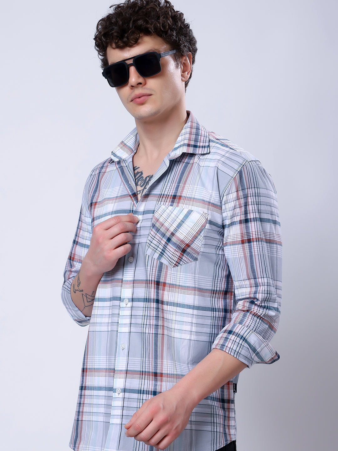 Stylox Men’s Regular Fit Full Sleeve Casual Check Shirt–Grey &amp; Brown - Stylox