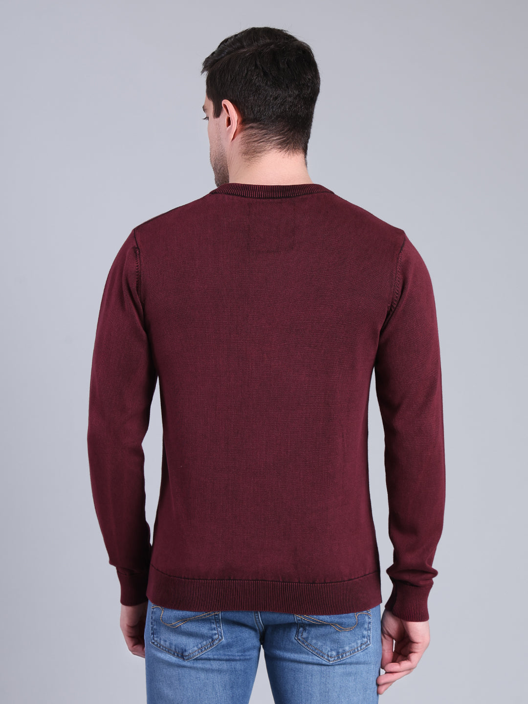 Stylox Men’s Full Sleeve Round Neck Sweater | Solid Slim Fit Knitted Winter Pullover (Wine) - Stylox