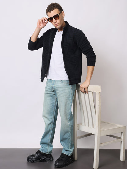 Stylox Men’s Black Textured Full-Zip Winter Jacket – Warm Fleece-Lined High Neck Sweatshirt for Casual Wear