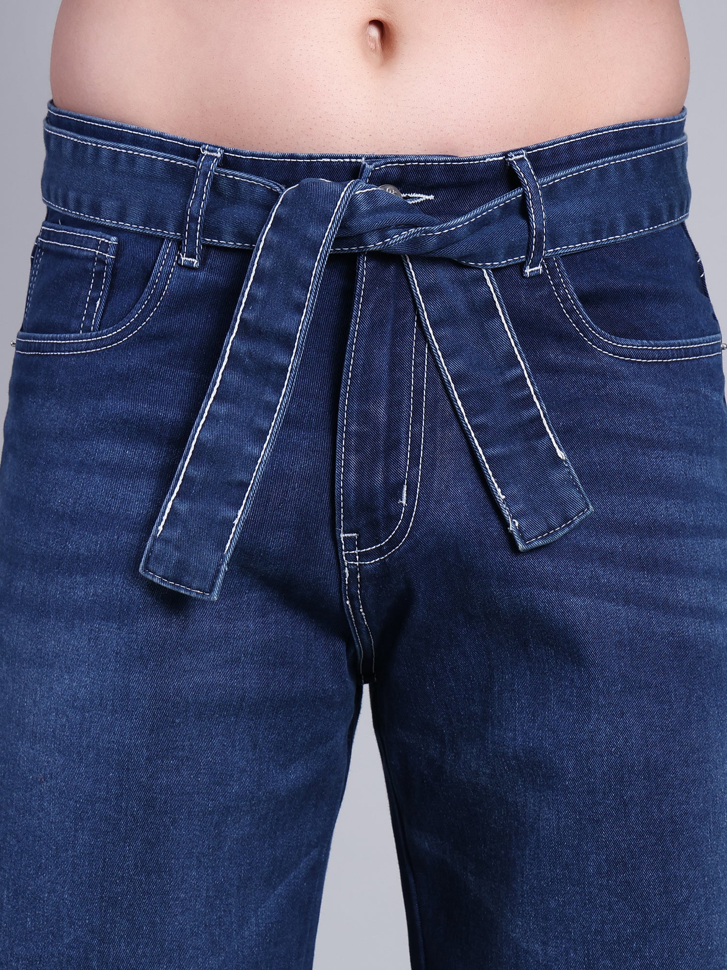 Stylox Men’s Baggy Fit Non-Stretch Rigid Denim Wide Leg Jeans with Tie Belt-Dark Blue - Stylox