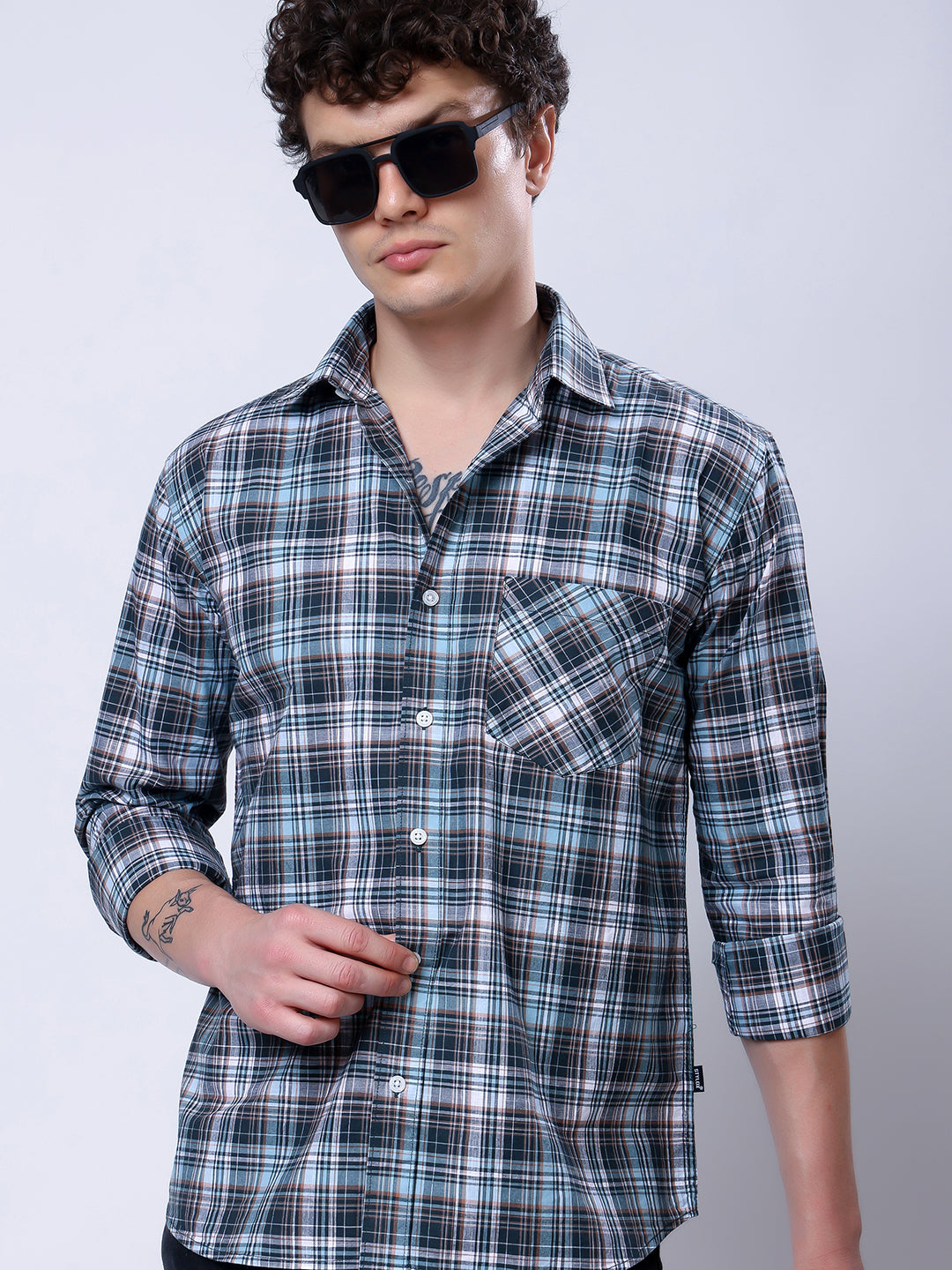 Stylox Men’s Regular Fit Full Sleeve Casual Check Shirt–Green & Grey - Stylox