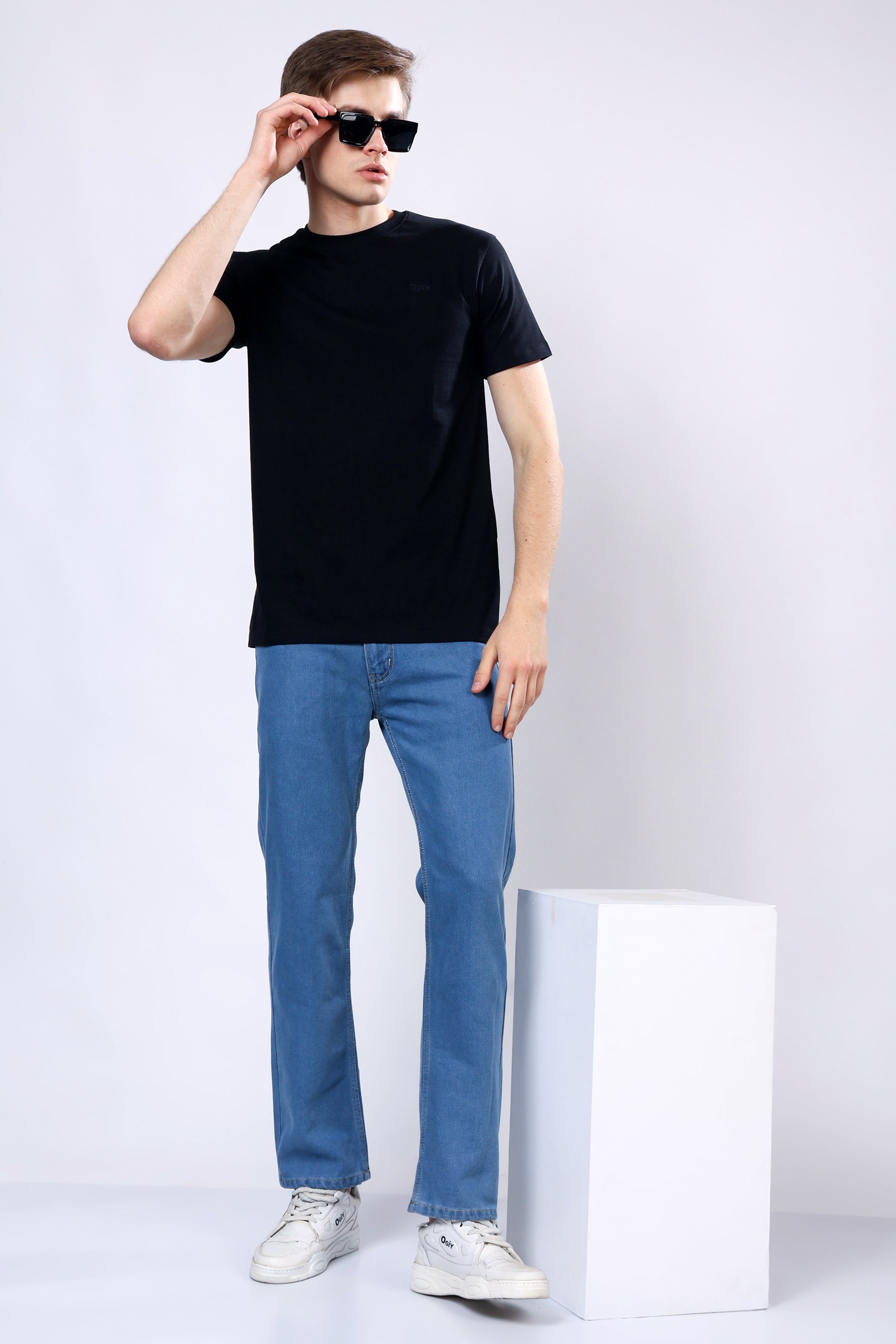 Stylox Men’s Mid-Rise Comfort Fit Mid Dark Blue Non-Stretch Denim Jeans - Stylox