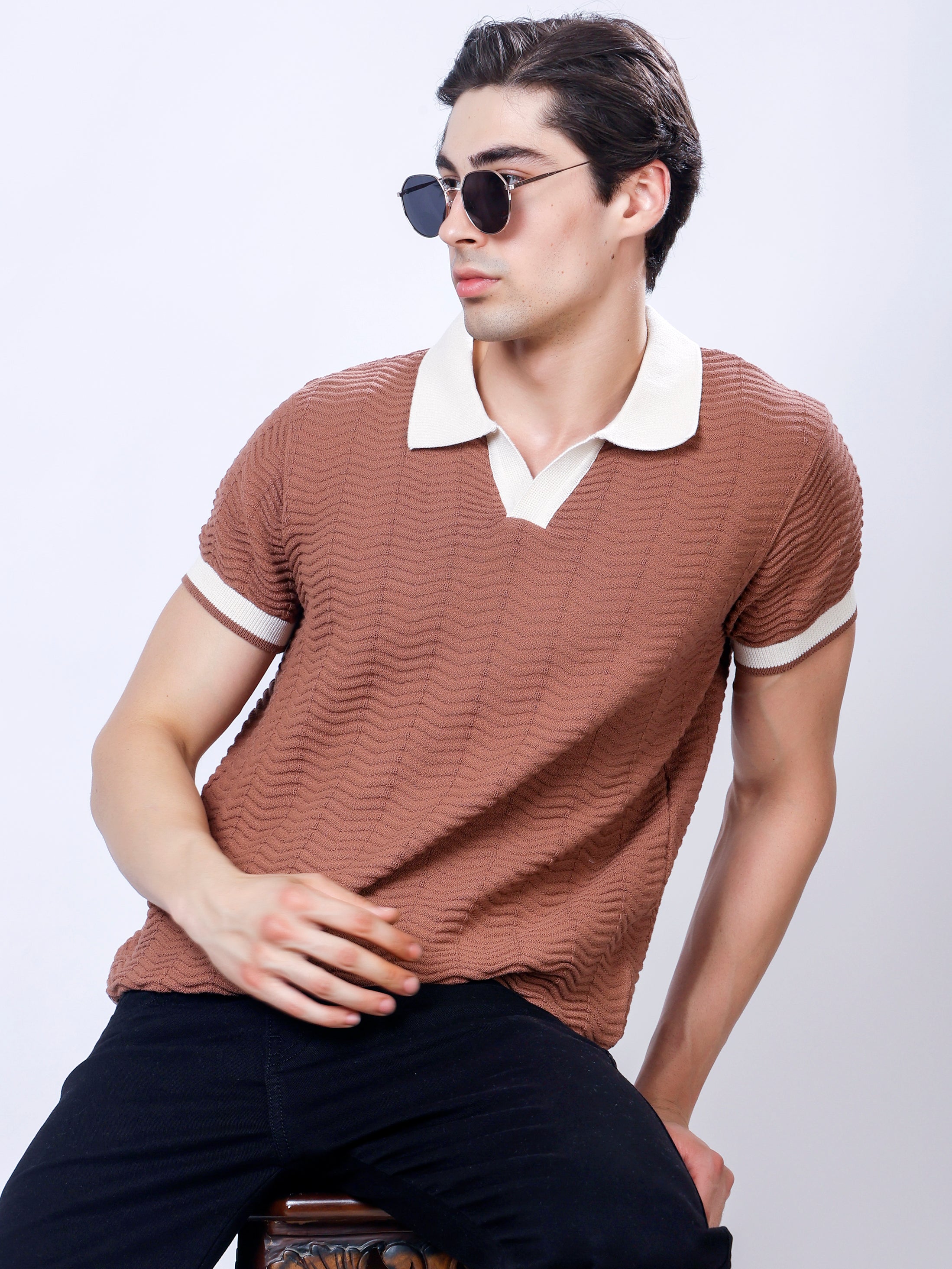 Stylox Men's Regular Fit Half Sleeve Textured Knitted Contrast Collar Polo Tee