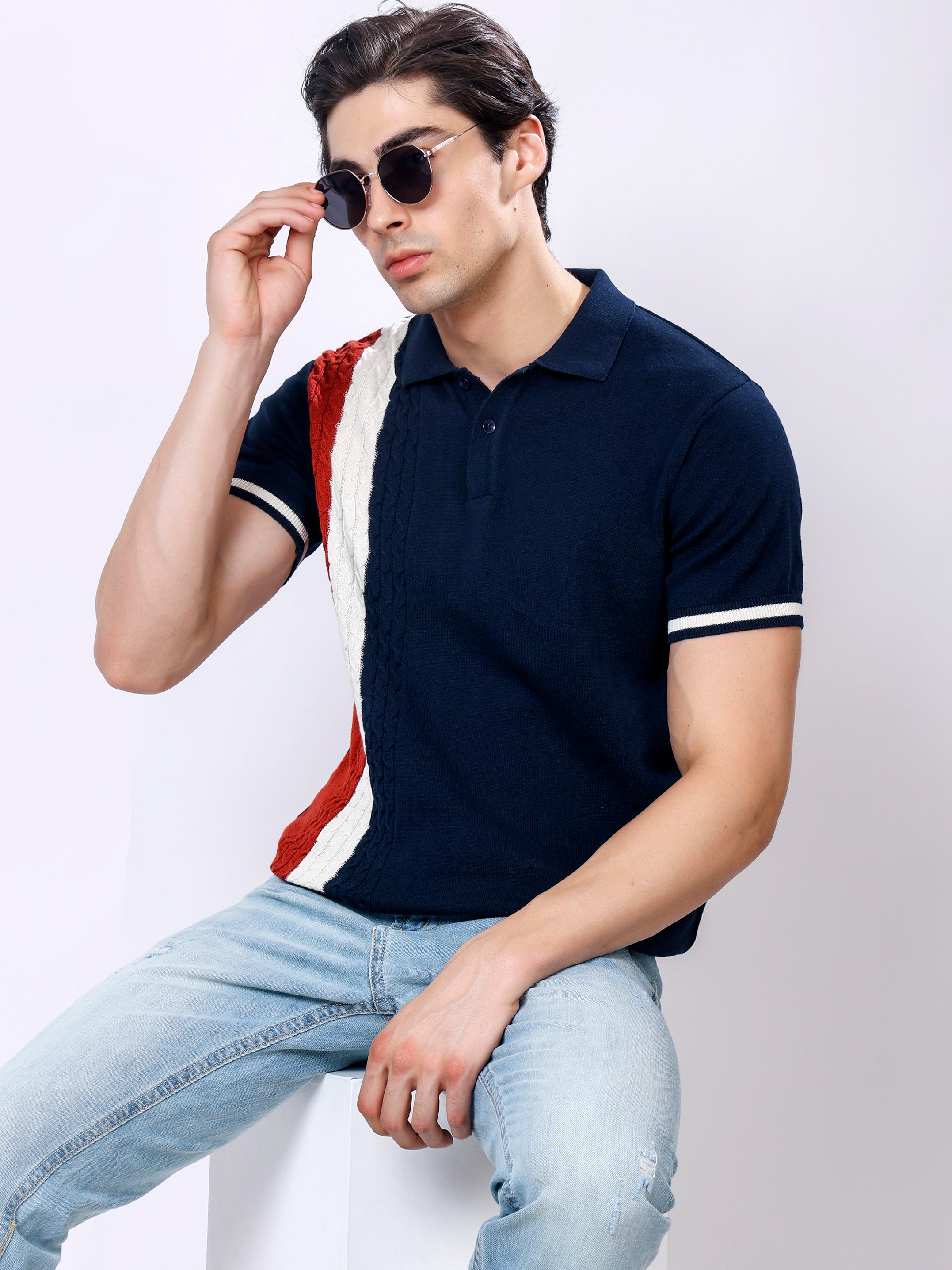 Stylox Men's Regular Fit Half Sleeve Navy Knitted Color Block Polo Tee