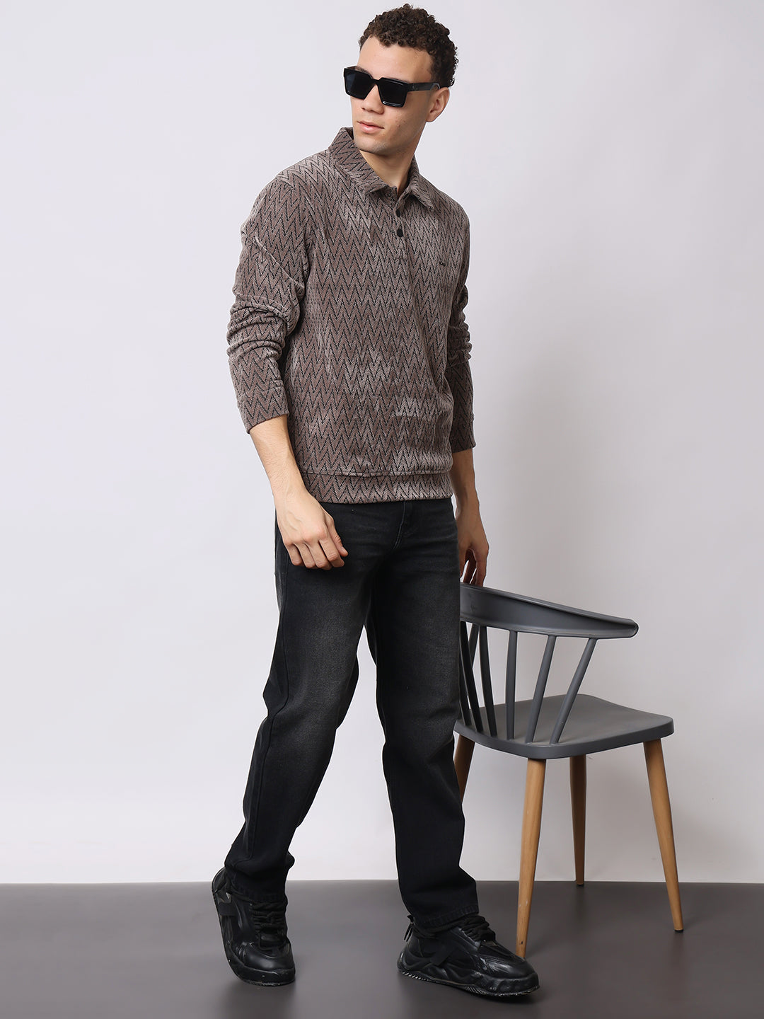 Stylox Men’s Textured Winter Sweatshirt – Chevron Pattern Pullover with Collar & Button Placket