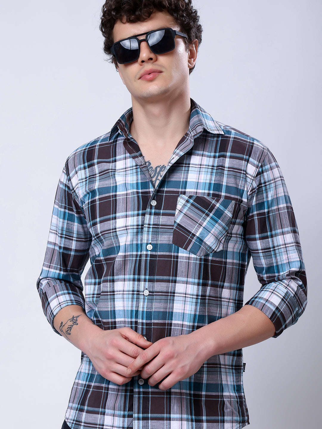 Stylox Men’s Regular Fit Full Sleeve Casual Check Shirt–Brown & Teal - Stylox
