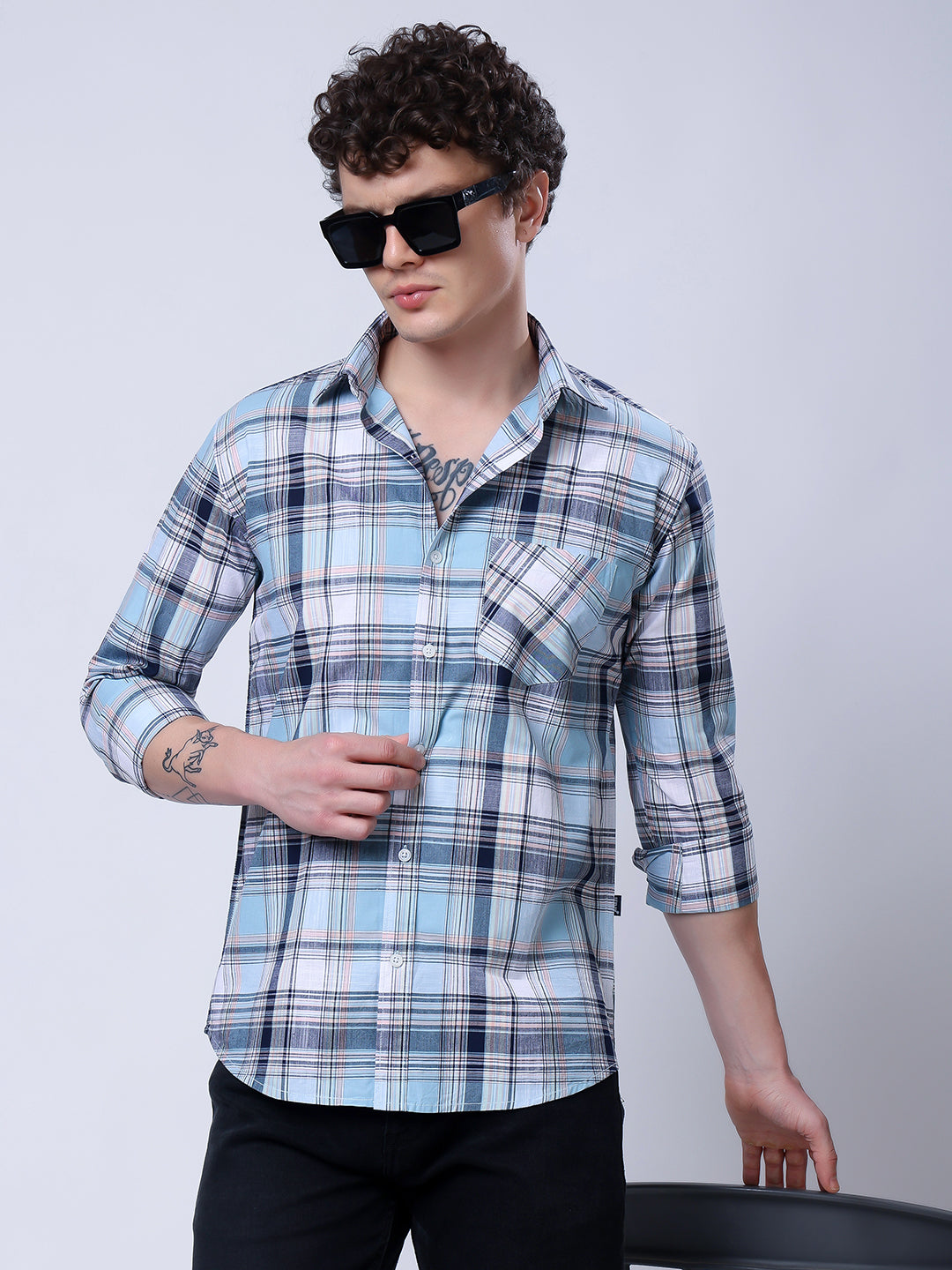 Stylox Men’s Regular Fit Full Sleeve Casual Check Shirt–Blue & Grey - Stylox