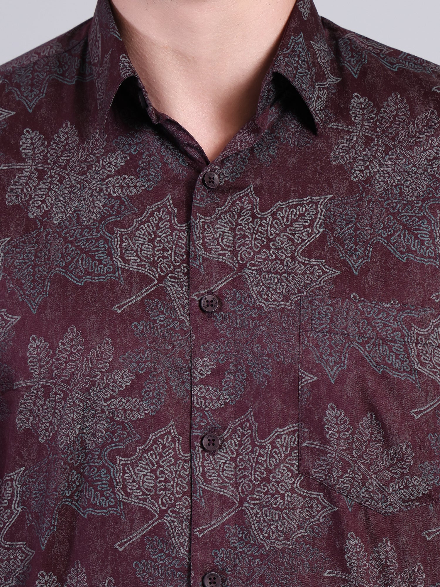 Stylox Men’s Regular Fit Leaf Printed Full Sleeve Casual Shirt-Maroon - Stylox