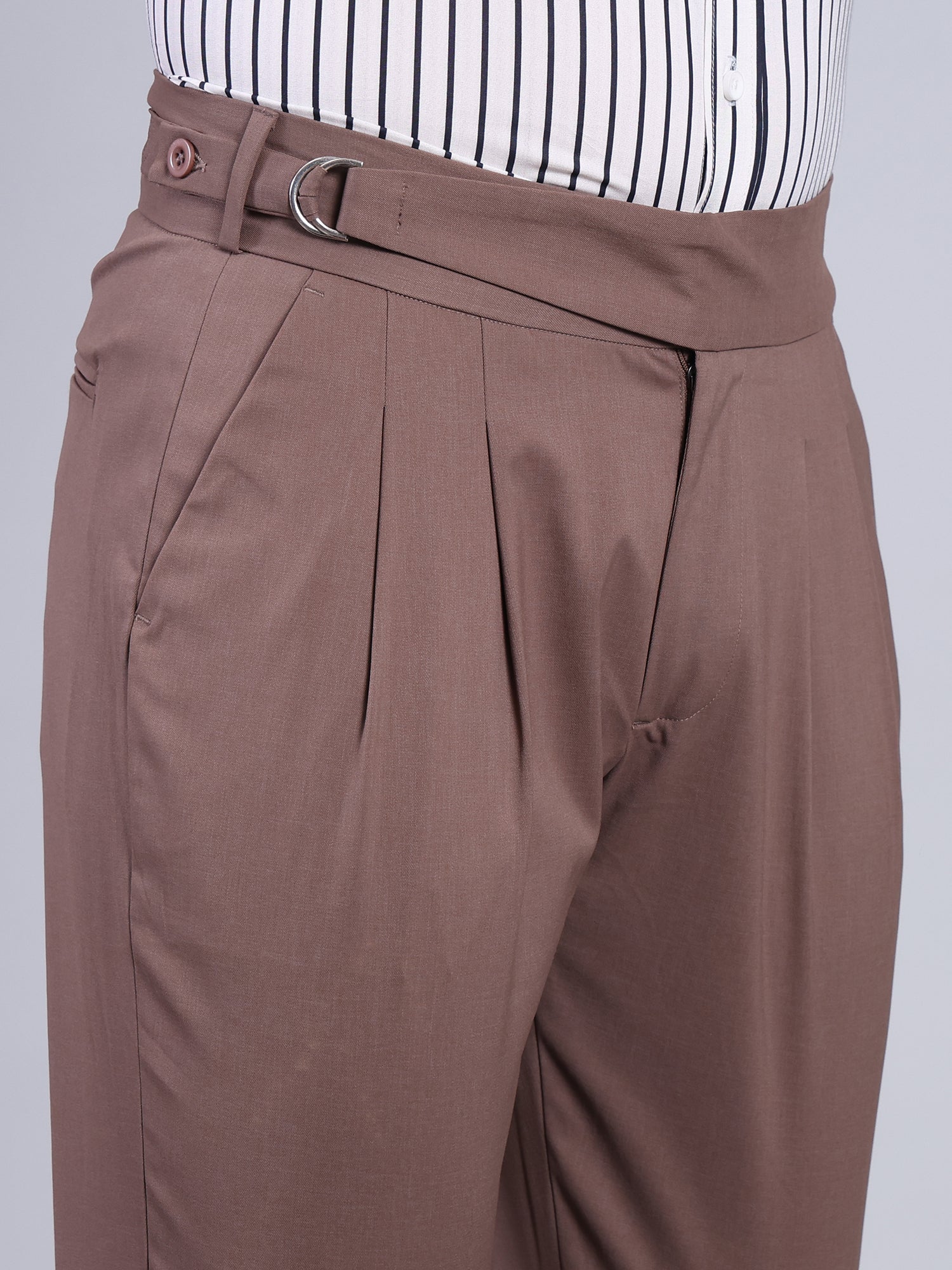 Stylox Men’s Gorkha High Waist Pleated Formal Trousers with Side Adjusters-Brown - Stylox