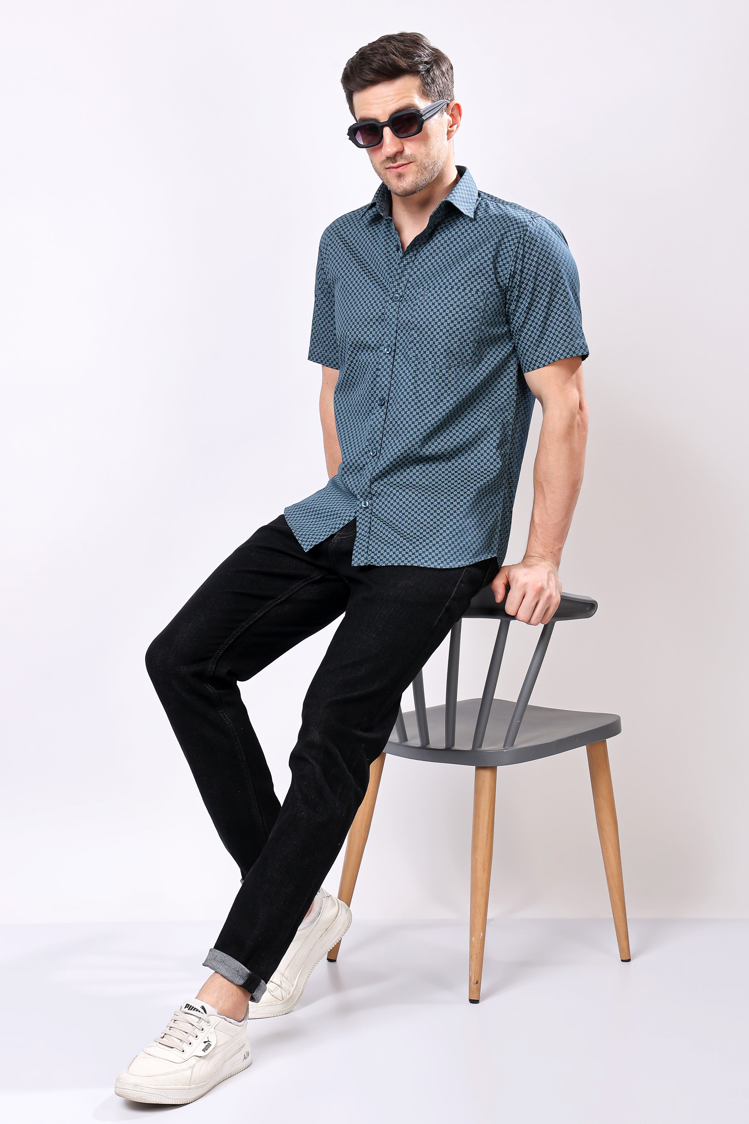 Stylox Men's Half Sleeve Geometric Print Casual Shirt – Premium Cotton Blend Regular Fit Summer Shirt - Stylox