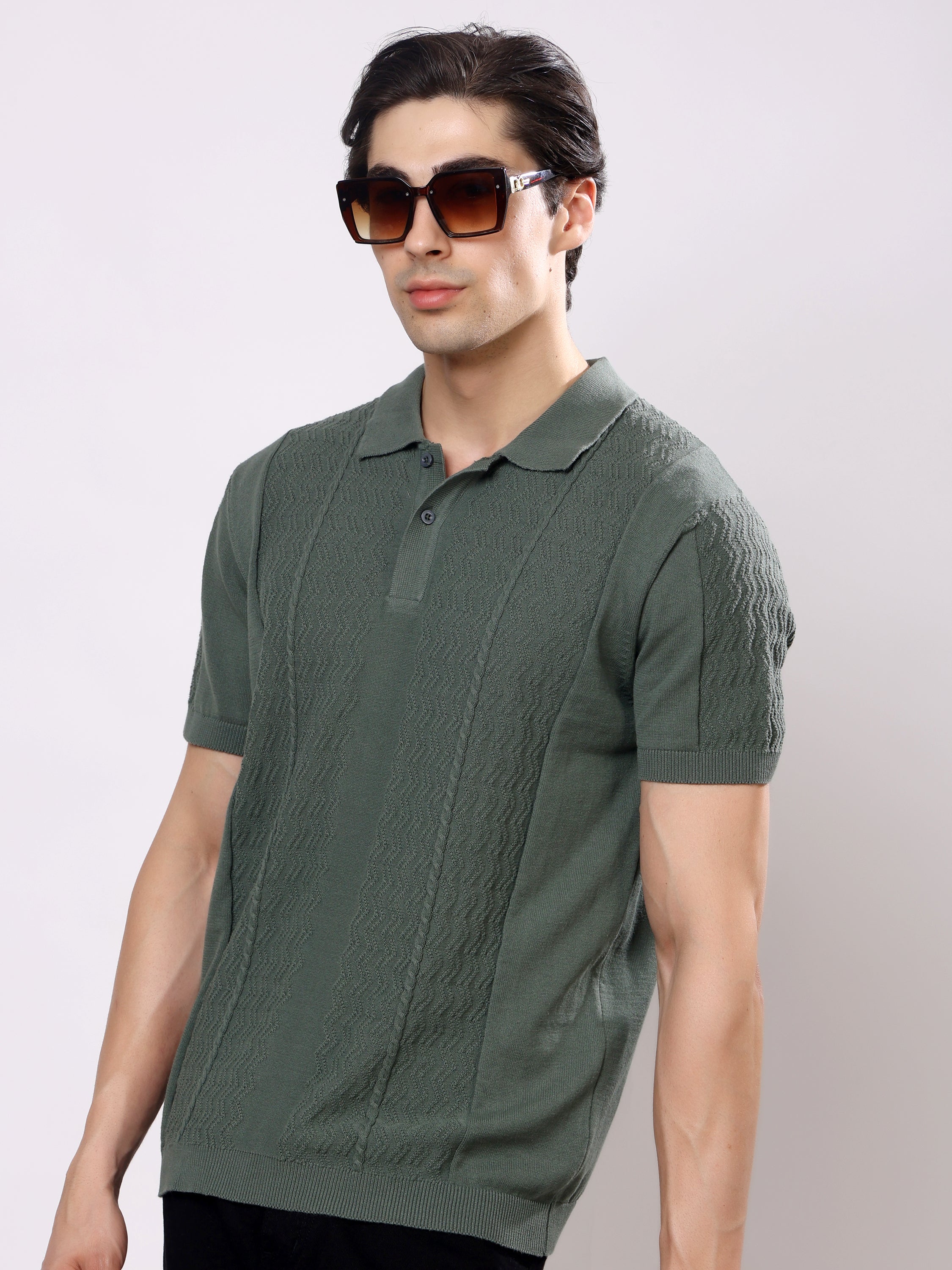 Stylox Men's Regular Fit Half Sleeve Textured Knitted Polo T-Shirt