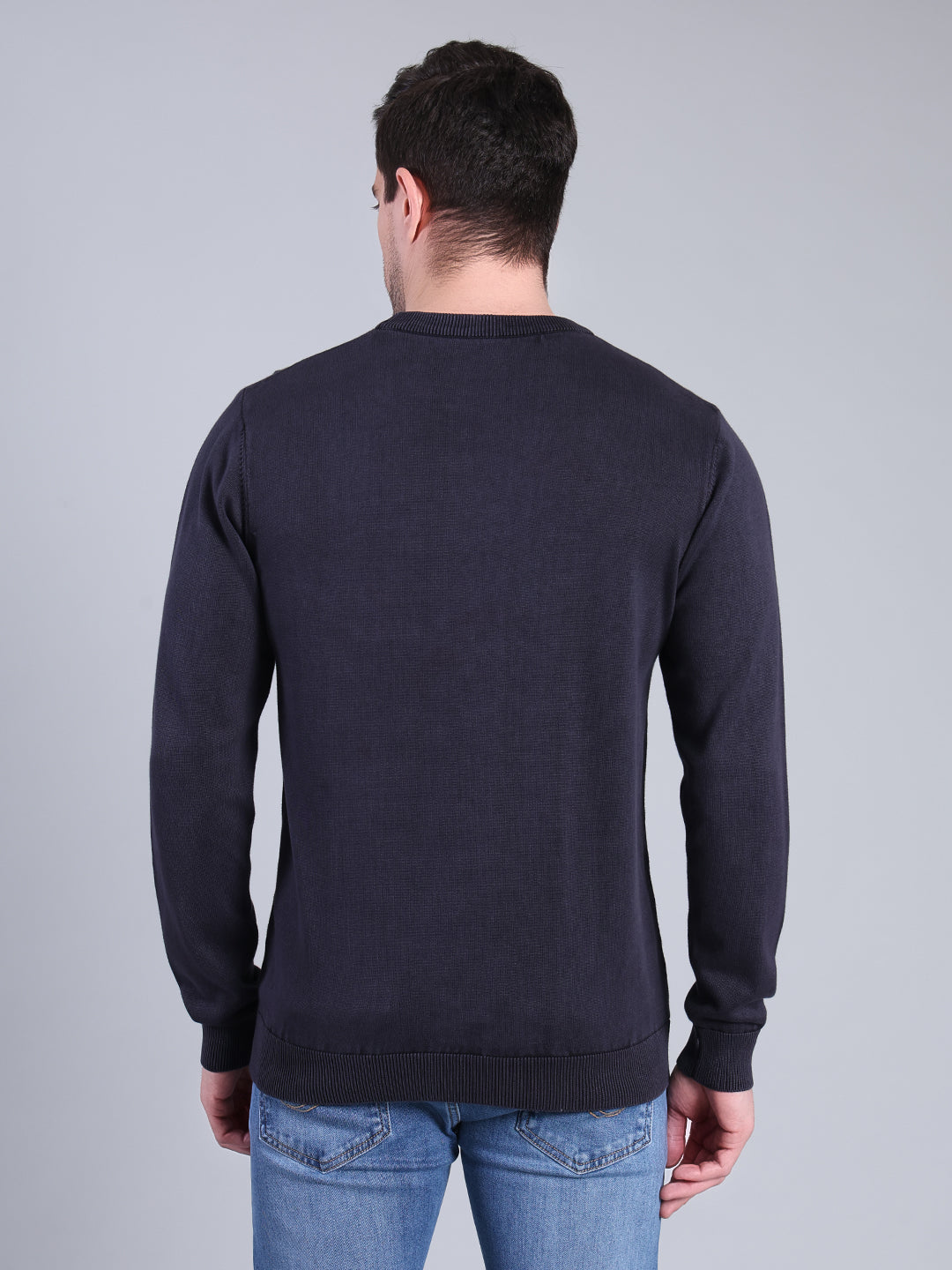 Stylox Men’s Full Sleeve Round Neck Sweater | Solid Slim Fit Knitted Winter Pullover (Navy) - Stylox