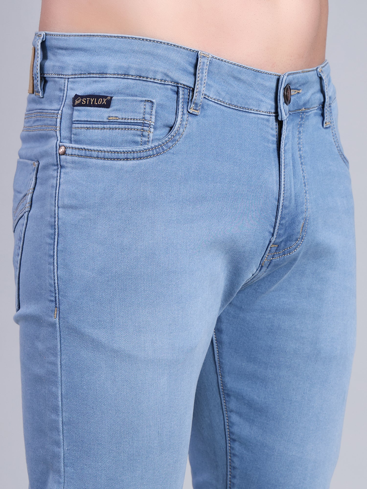 Stylox Men’s Ankle Fit Mid Rise Stretchable Denim Jeans-Mid Light Blue - Stylox