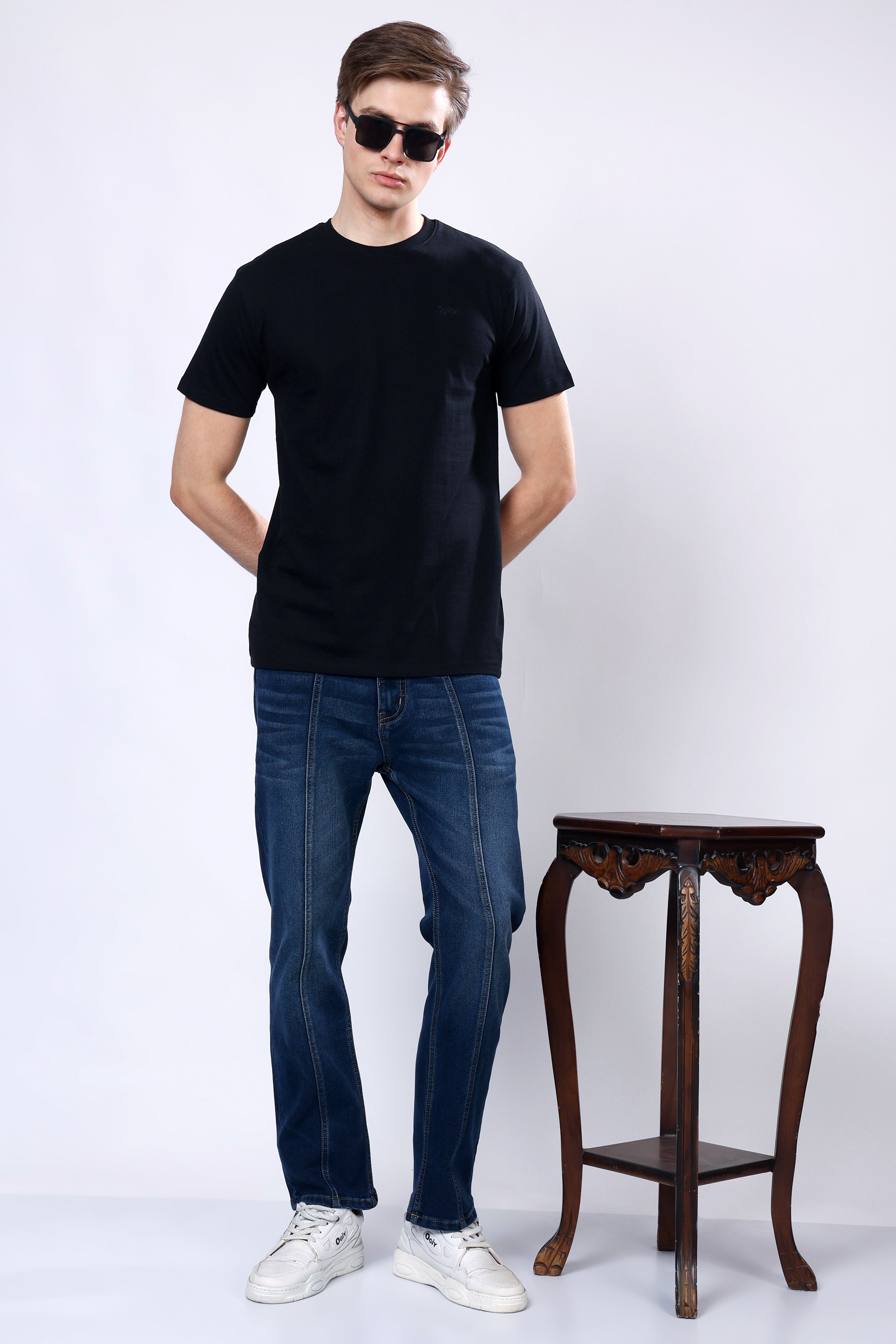 Stylox Men’s Mid-Rise Comfort Fit Stretchable Dark Blue Denim Jeans with Panel Stitch Detailing - Stylox