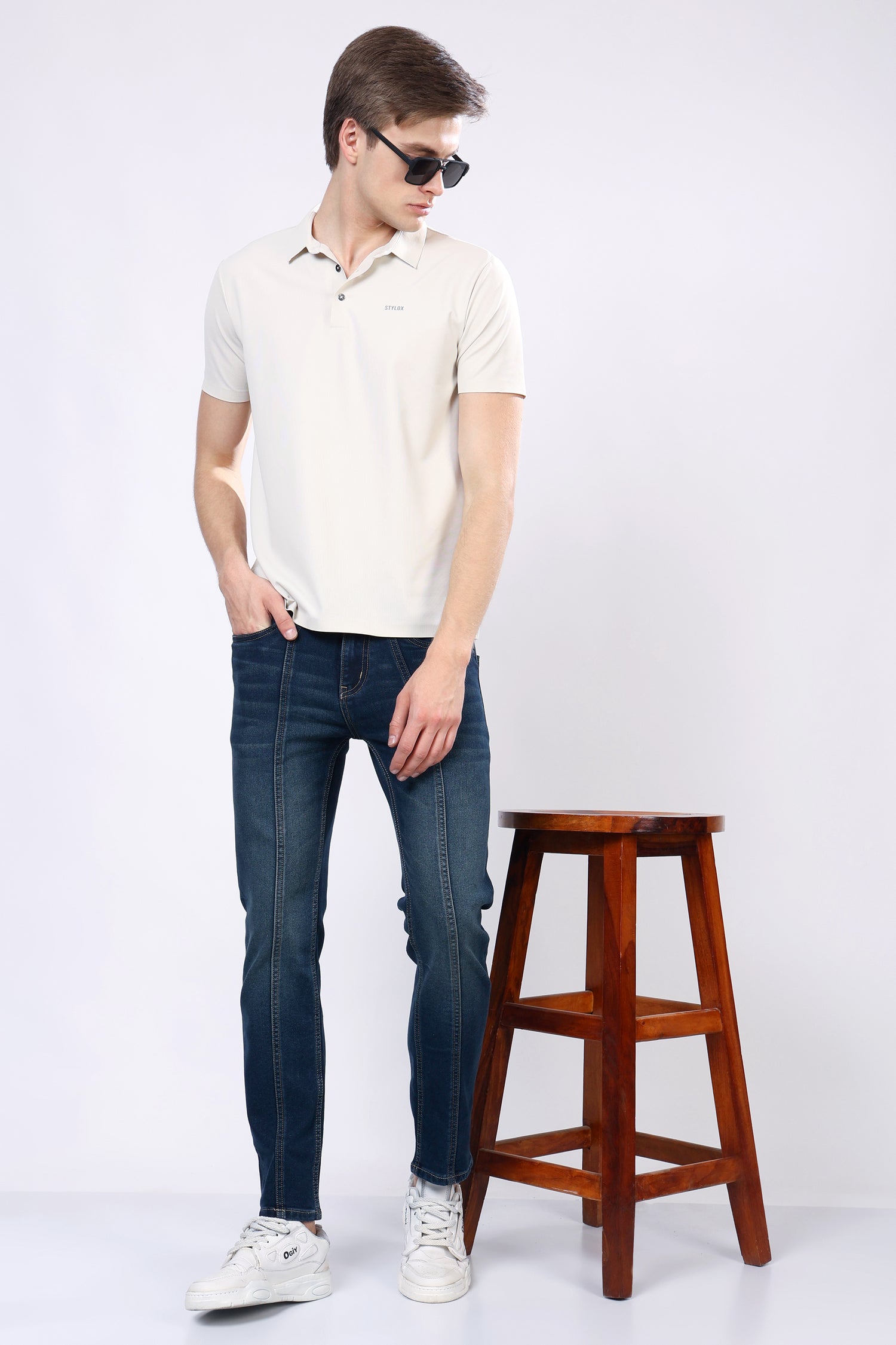 Stylox Men’s Mid-Rise Comfort Fit Stretchable Greenish Blue Denim Jeans with Panel Stitch Detailing - Stylox