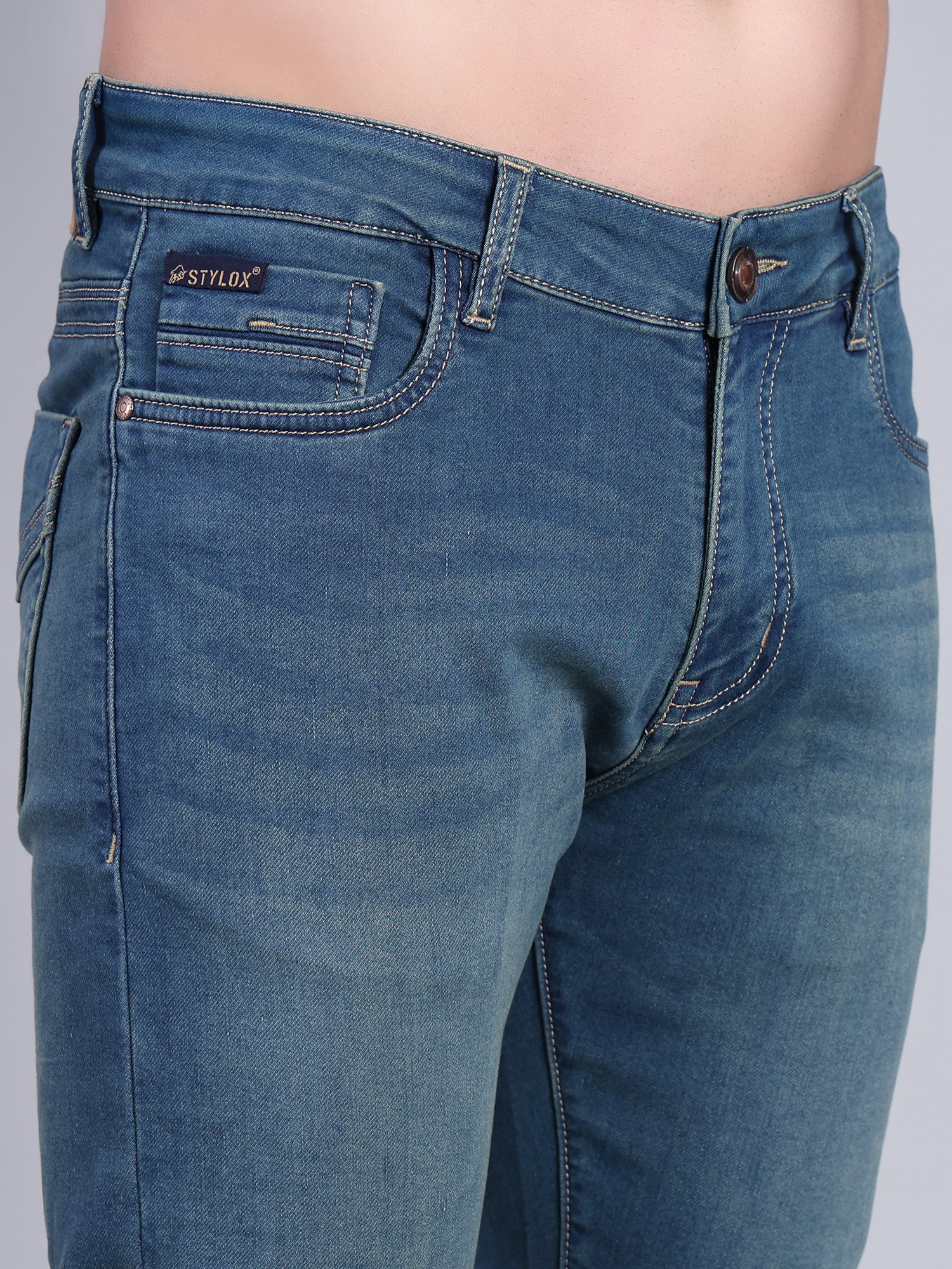 Stylox Men’s Ankle Fit Mid Rise Stretchable Denim Jeans-Greenish Blue - Stylox
