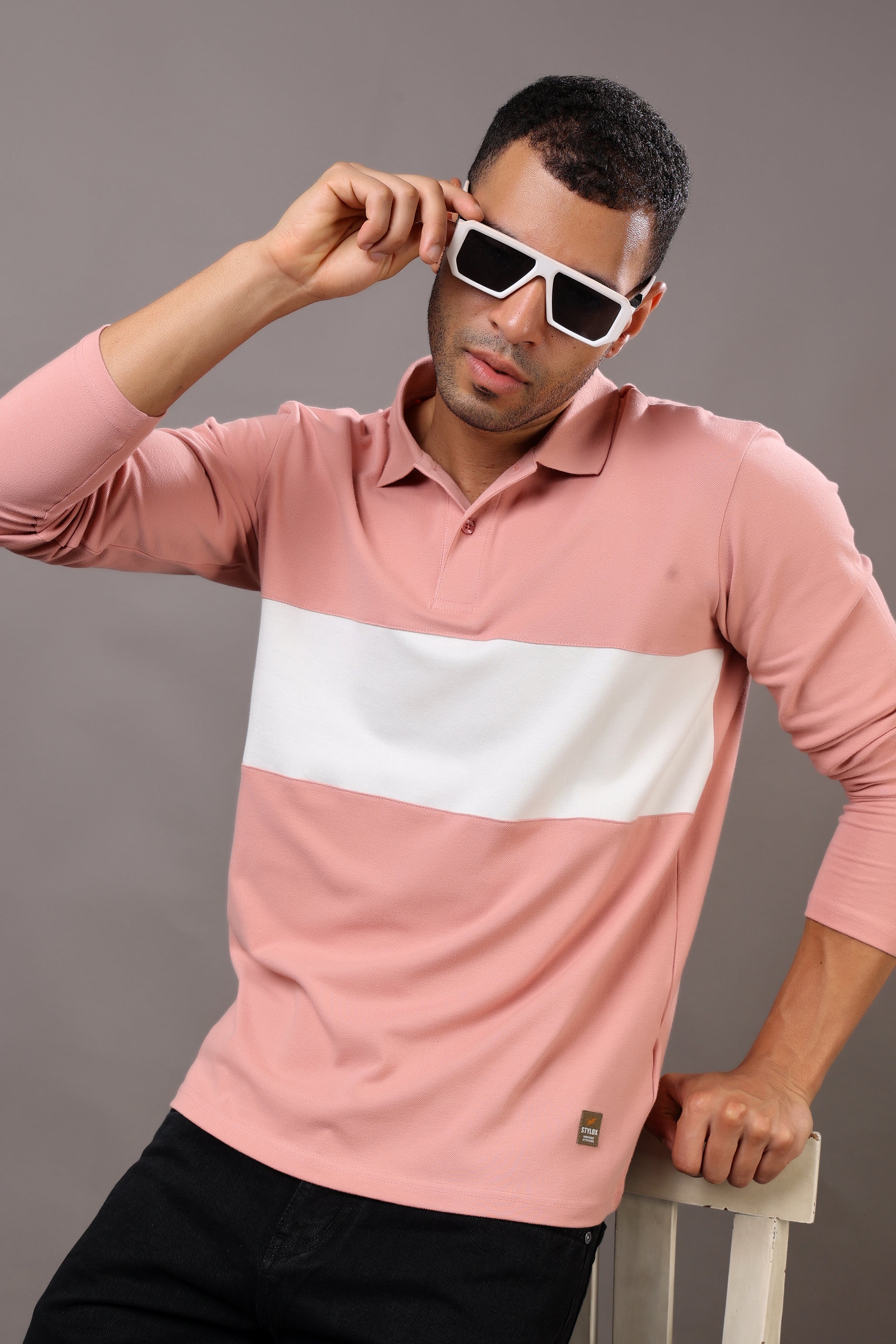 Stylox Men’s Long Sleeve Polo T-Shirt with Cut & Sew Design - Stylox