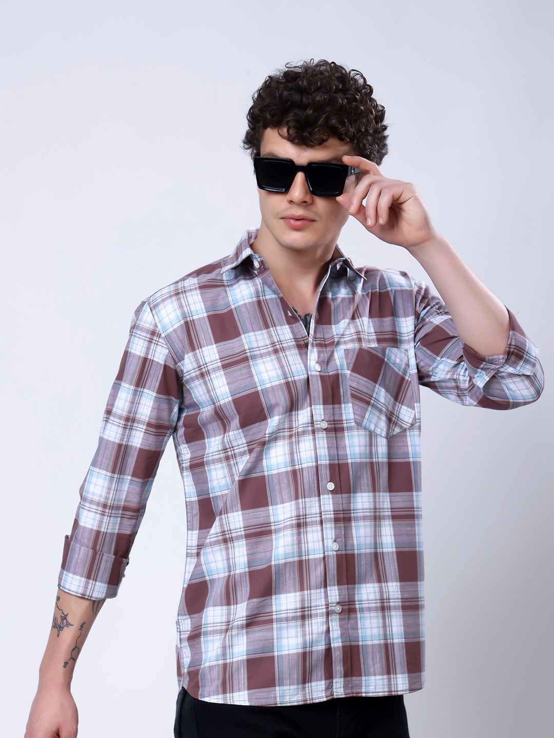 Stylox Men’s Regular Fit Full Sleeve Casual Check Shirt–Brown & Sky Blue - Stylox