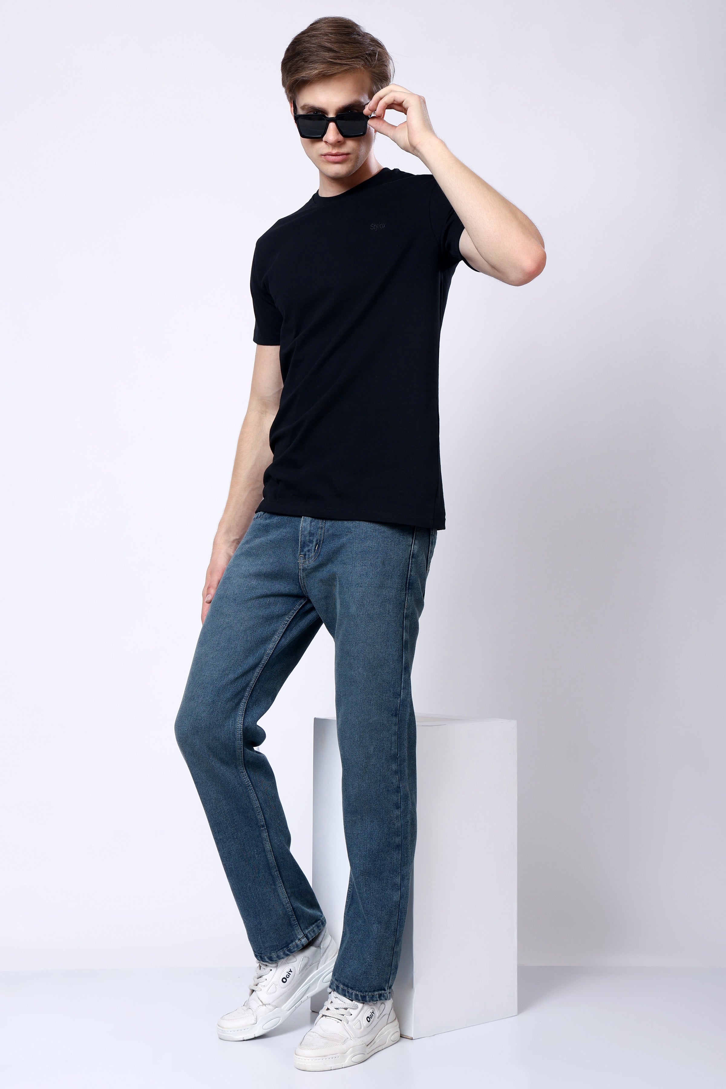 Stylox Men’s Mid-Rise Comfort Fit Greenish Blue Non-Stretch Denim Jeans - Stylox