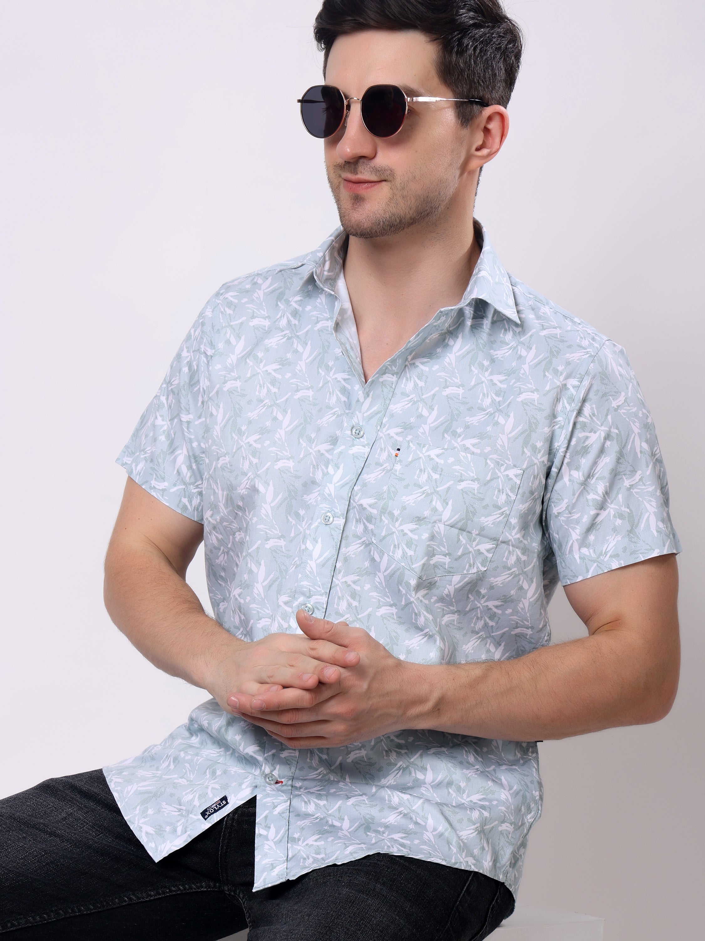 Stylox Men’s Regular Fit Half Sleeve Leaf Print Cotton Summer Casual Shirt - Stylox