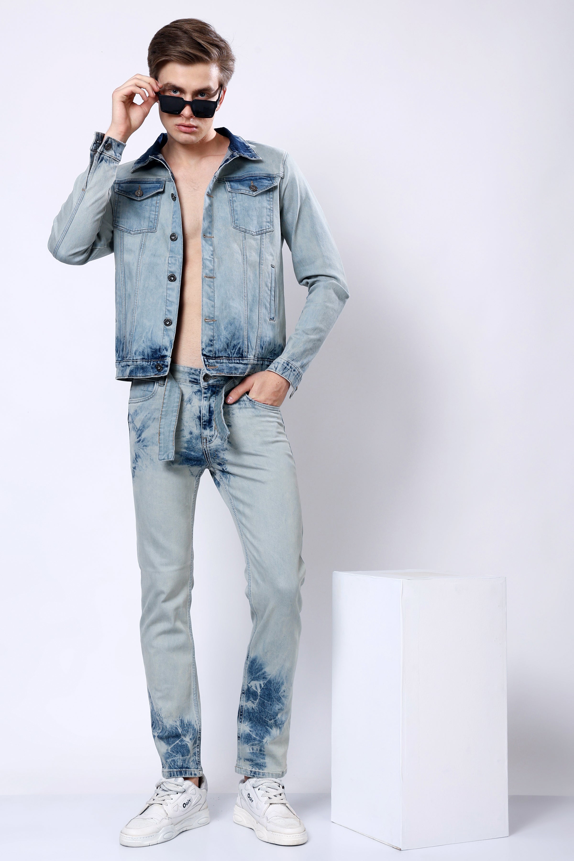 Stylox Men’s Mid-Rise Comfort Fit Stretchable Vintage Blue Tie-Dye Denim Jeans - Stylox