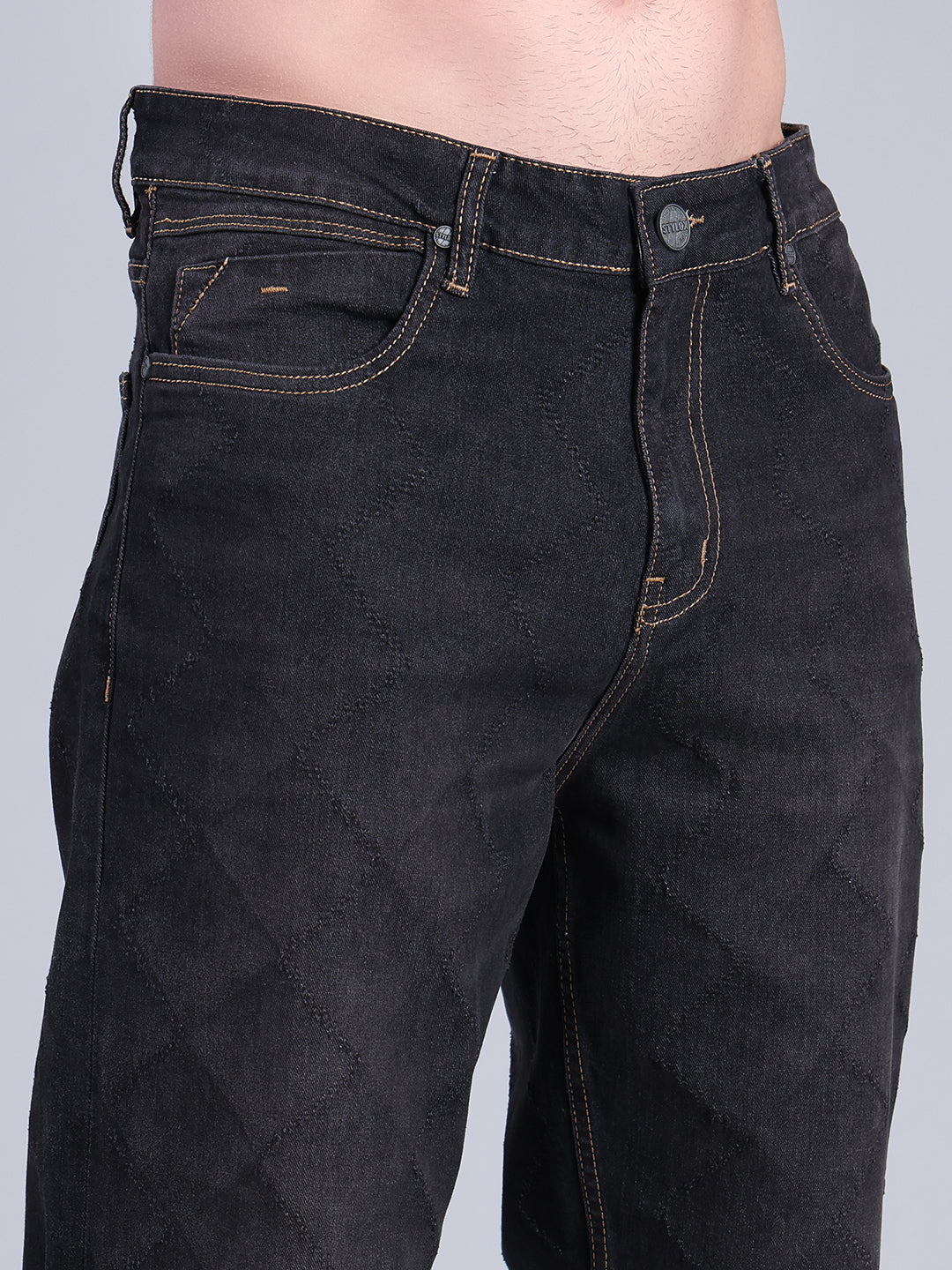 Stylox Men’s Loose Fit Mid-Rise Black Washed Denim Jeans - Stylox