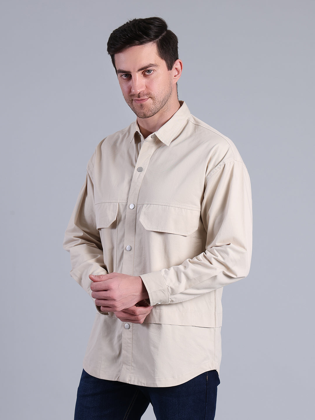 Stylox Men’s Solid Winter Shacket with Snap Buttons & Utility Pockets (Beige) - Stylox