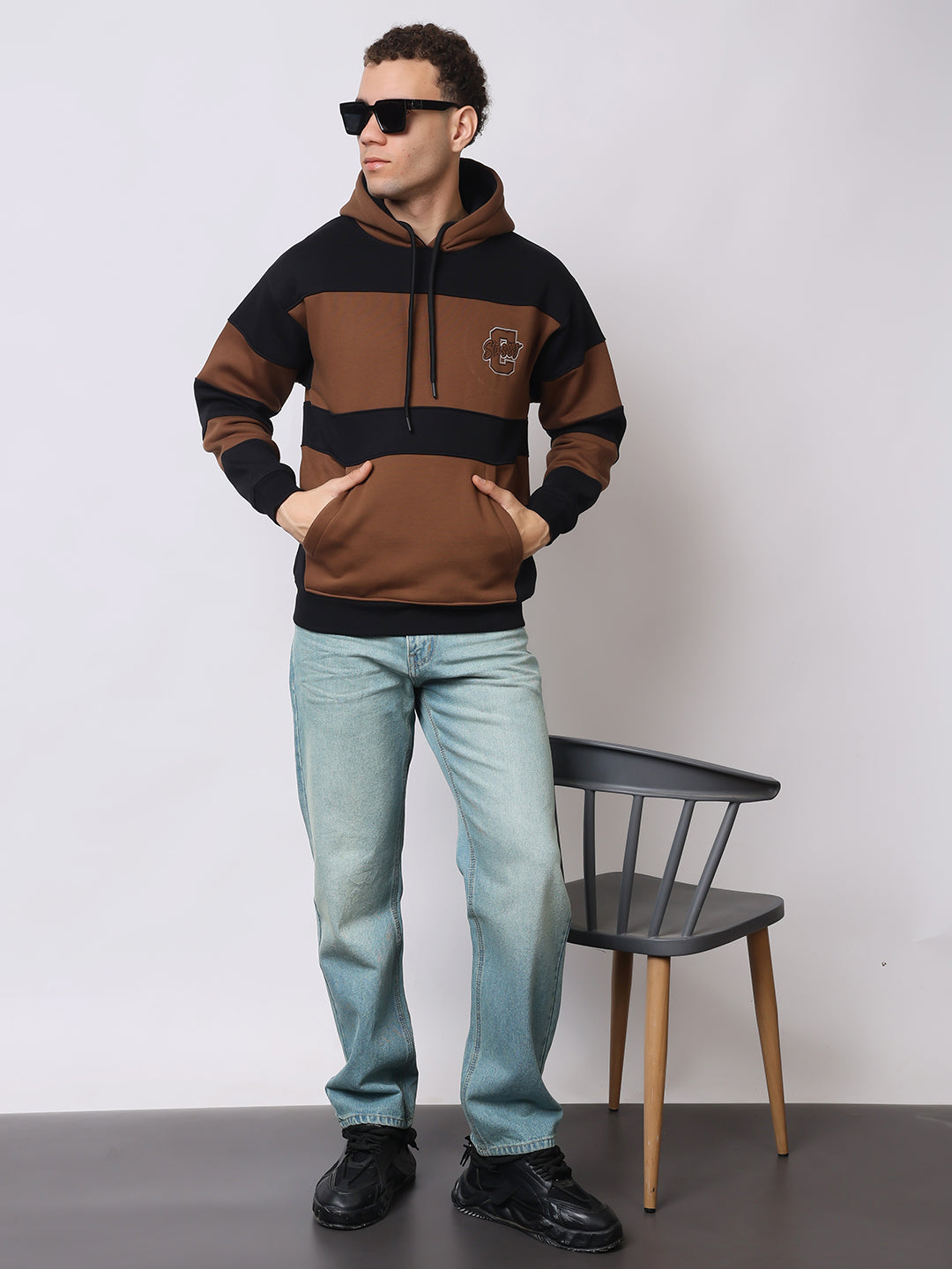 Stylox Men’s Premium Colorblock Hoodie – Brown &amp; Black Stylish Winter Wear | Warm Fleece Hoodie with Kangaroo Pocket