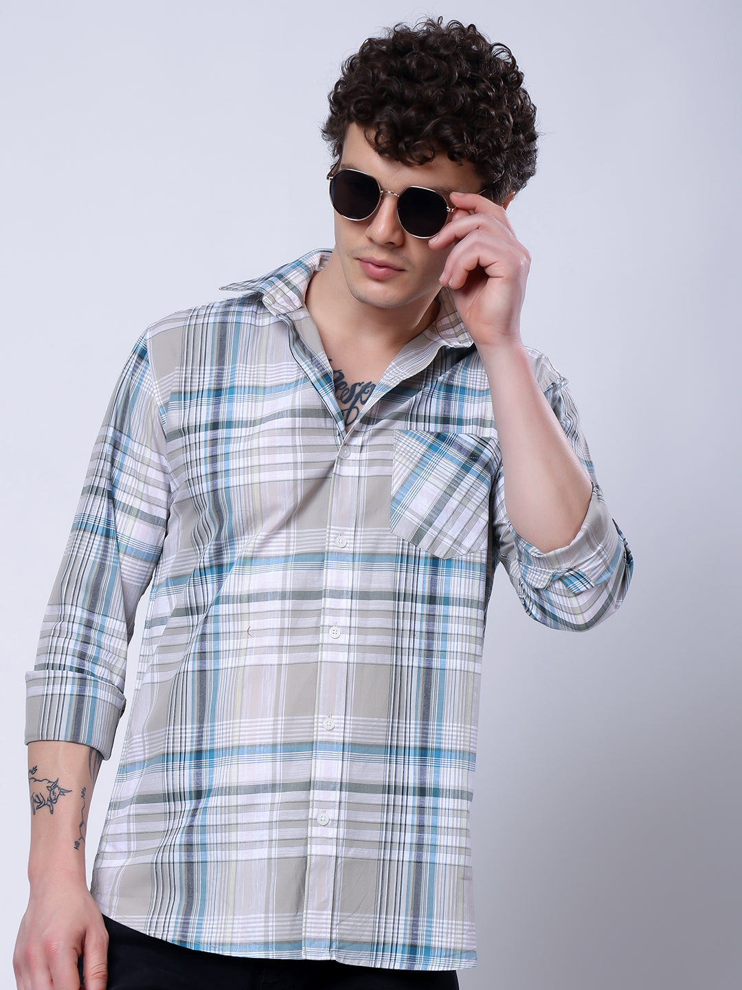 Stylox Men’s Regular Fit Full Sleeve Casual Check Shirt–Grey & Blue - Stylox