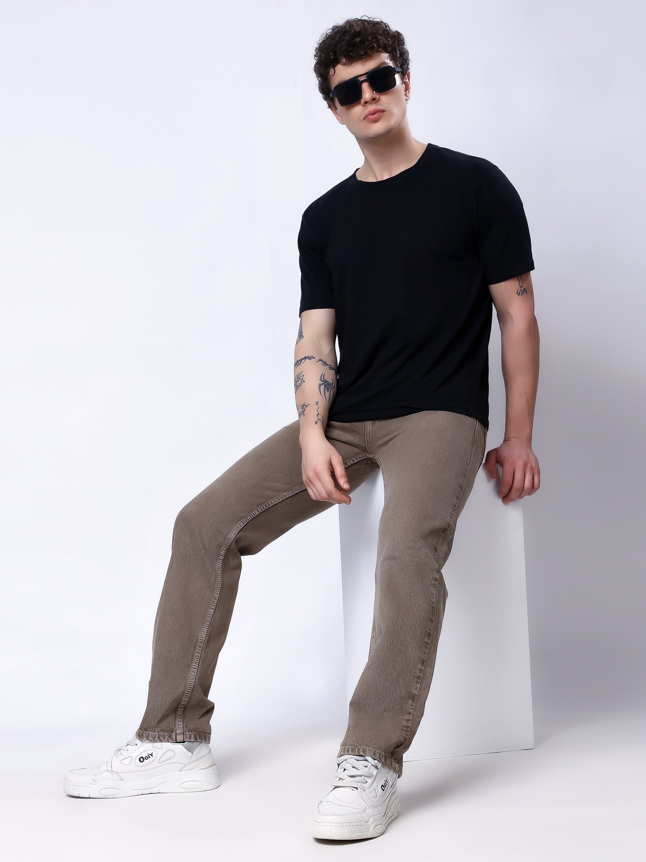 Stylox Men’s Comfort Fit Non-Stretch Denim Jeans-Brown